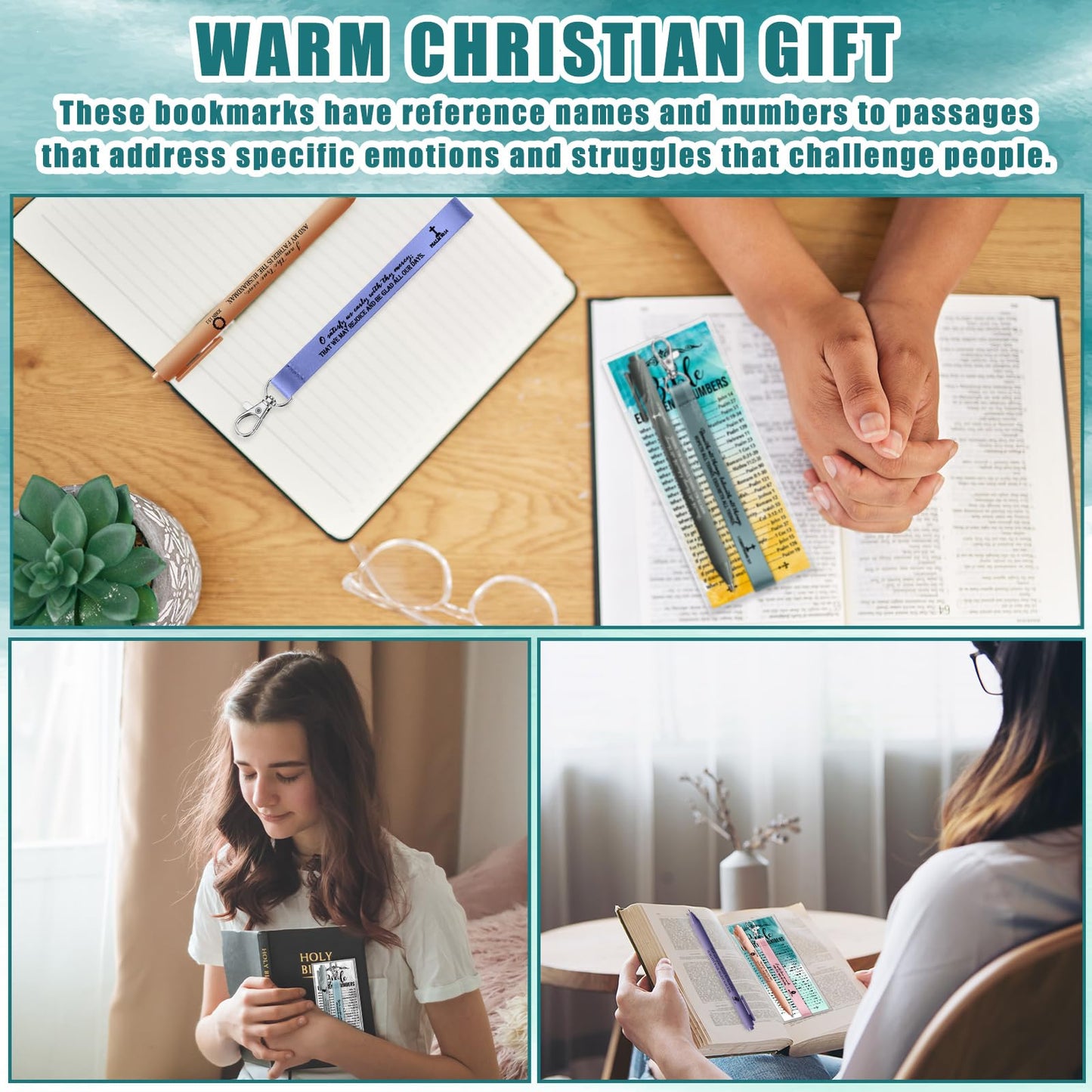 Sinload 50 Set Christian Gift Bulk Bible Emergency Numbers Bookmark with Silicone Keychains Scripture Quote Pen Religious Study Supplies for Father Day Church Bible Study Group (Watercolor)