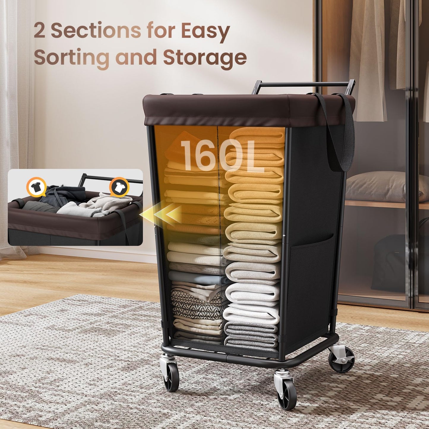 160L Laundry Hamper with Wheels and Handle, 2-Section Rolling Hamper for Laundry, Large Laundry Basket with Wheels, Rolling Laundry Basket Clothes Hamper for Home, Bathroom and Dorm(Black)