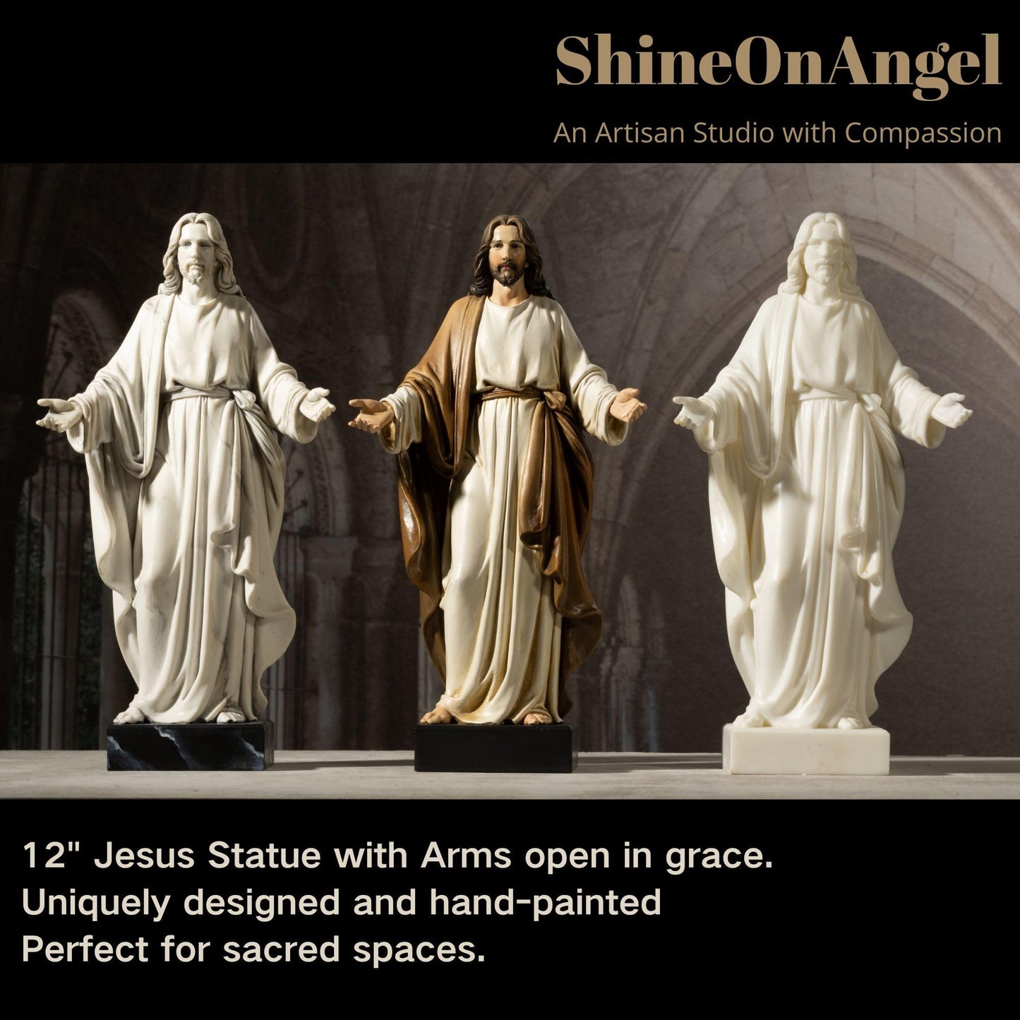 ShineOnAngel 12inch Jesus Statue Hand Painted Jesus Christ with Open Arms Religious Home Decor Resin Sculpture Christian Home Décor