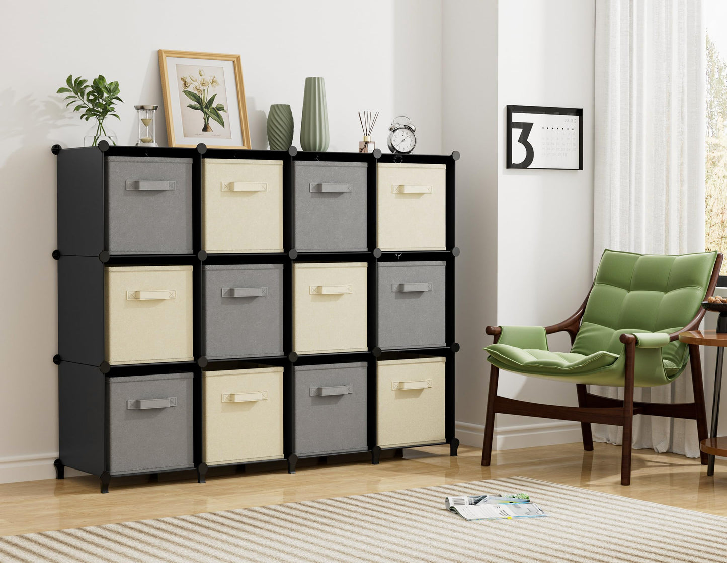 Closet Organizers and Storage, 12 Cube Storage Organizer, Portable Closet Organization Clothes Shelves for Kids, Closet, Bedroom, Bathroom, Office, Black