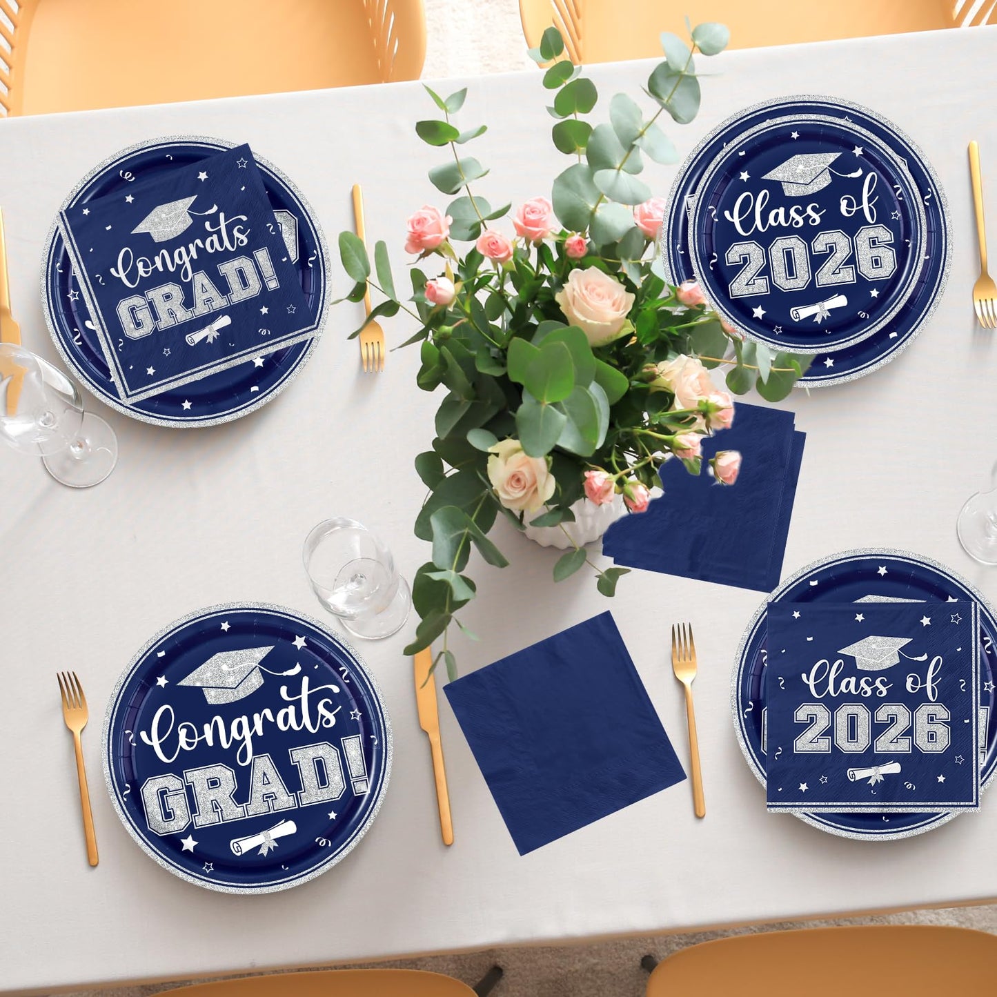 Navy and Silver Graduation Decorations 2026,Navy Blue Graduation Decorations Plates and Napkins 2026,200pcs Class Of 2026 Party Decorations Tableware for Graduation Party Supplies,Serve 50