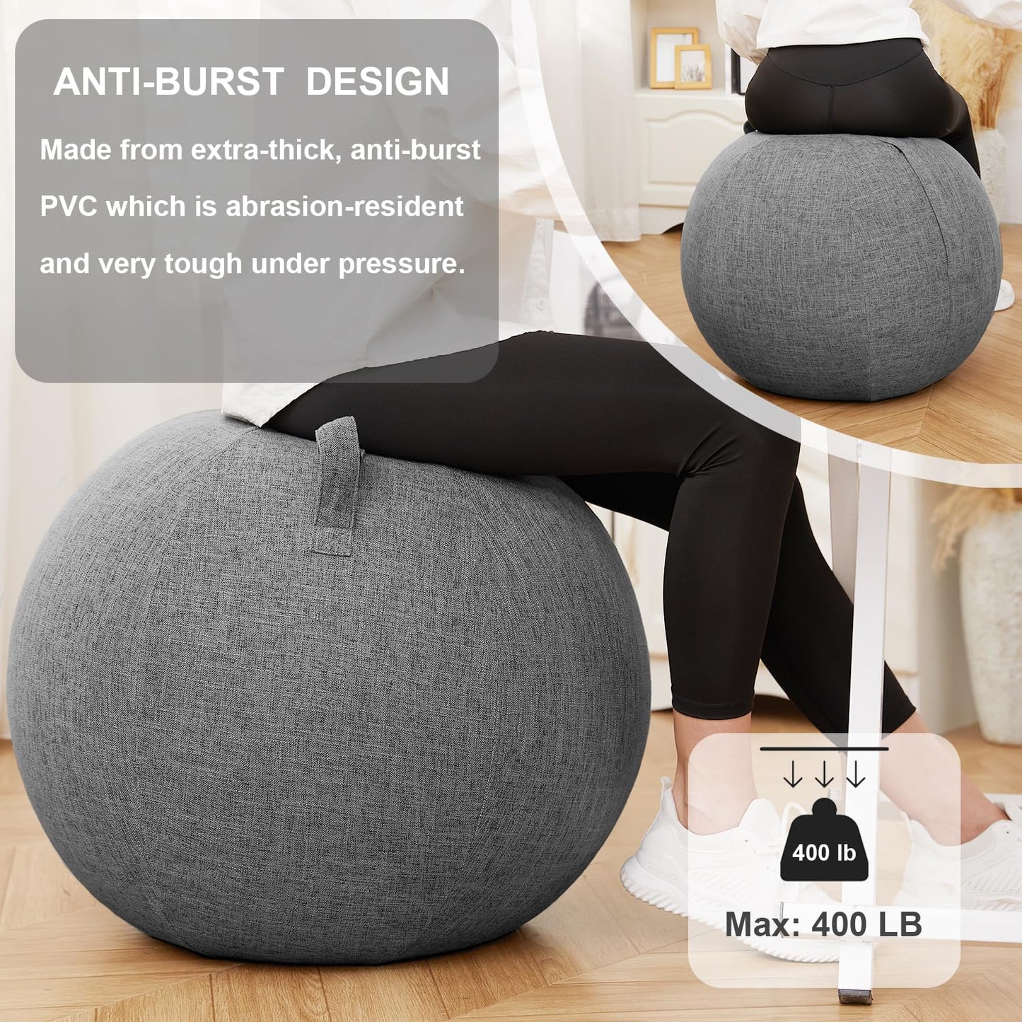 TokSay Exercise Ball Chair for Home Office - 25IN Yoga Ball with Leathaire Cover - Anti-Burst Stability Ball for Pregnancy, Balance & Active Sitting - Pump Included (Gray)