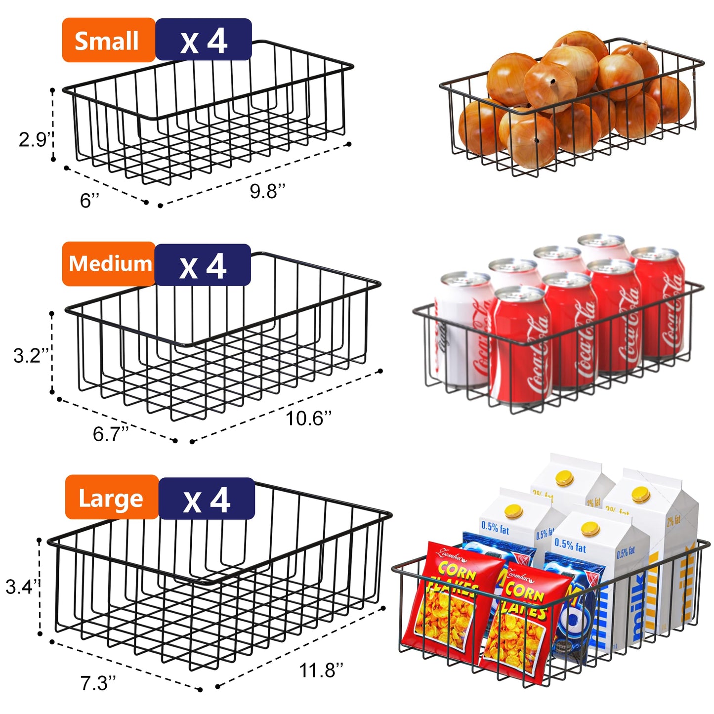 Joben Oligey 12 PACK (3 Szie) Small Wire Storage Baskets for Organizing,Pantry Organization Bins for Cabinets, Metal Basket for Kitchen, Bathroom Organizer (Black)