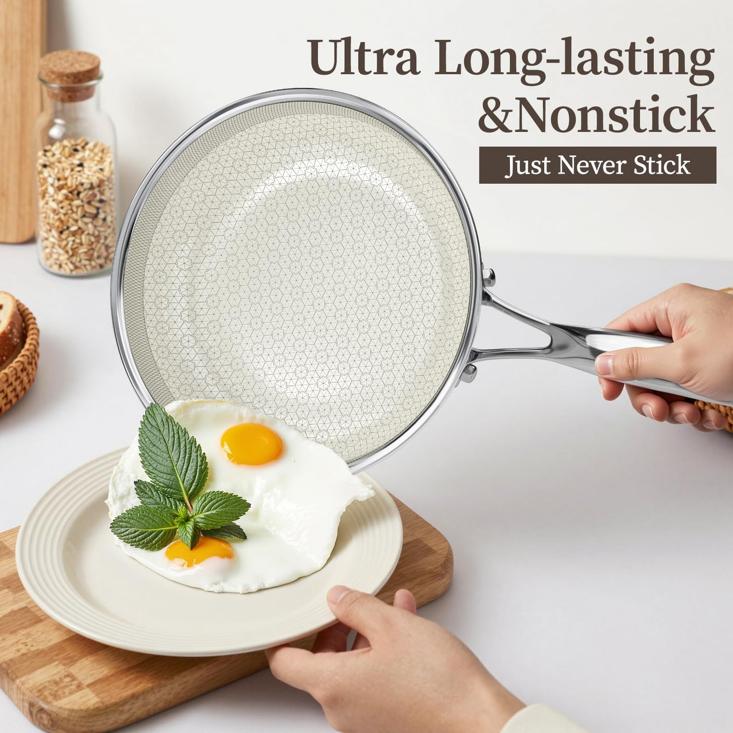 8 Inch Non Stick Frying Pan with Lid, Ceramic Hybrid Tri-Ply Stainless Steel Nonstick Skillet W/Lid, Small No Toxic Cooking Pans Induction Egg Frying Pan W/Stay Cool Handle, PFAS/PFOA/PTFE Free