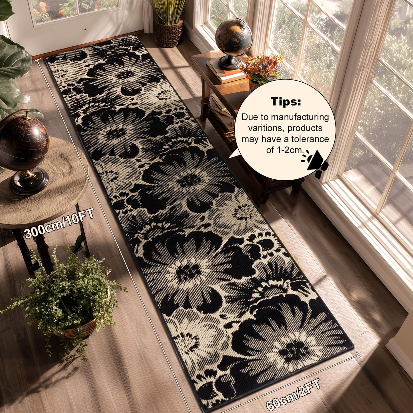 Findosom Hallway Runner Rug 2x10, Non Slip High-Low Textured Floral Washable Runner Rug with Rubber Backing, Boho Carpet Runner for Kitchen, Entryway, Bedroom, Laundry, Black & Beige