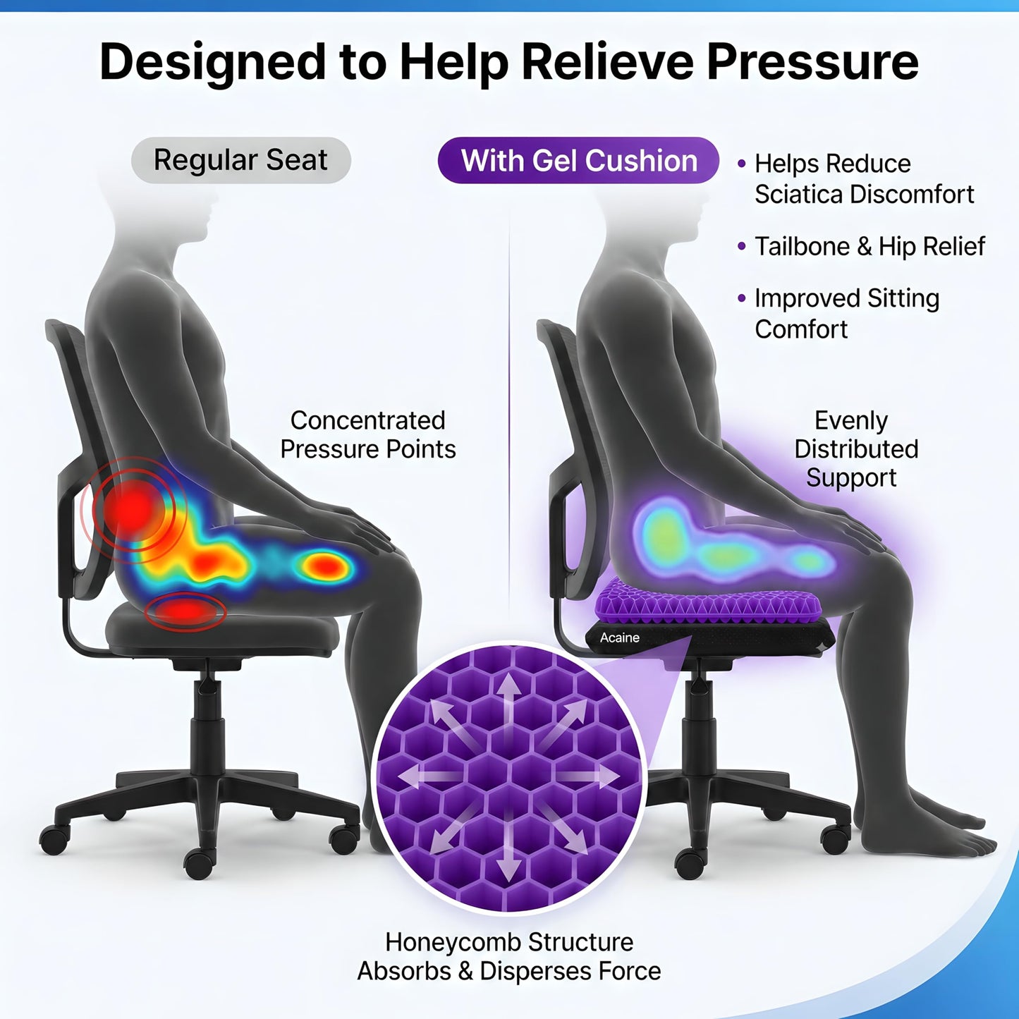 Acaine Extra Thick Large Pure Gel Seat Cushion for Long Sitting, Breathable Comfort Cushion for Back, Sciatica, Tailbone & Hip Pain Relief, Washable Portable Cushion for Office Chair, Car, Wheelchair