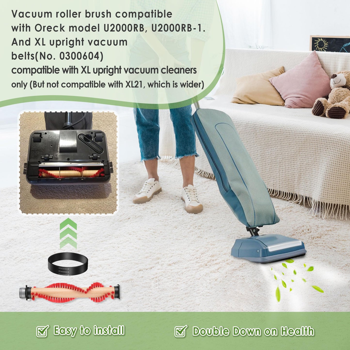 Landhoow XL Vacuum Brush Roller replacement parts with Vacuum Belt Compatible with Oreck XL Parts, Cleaner Belt compatible with 0300604, Upright Replacement Part for House and Office Clean (2 Pack)