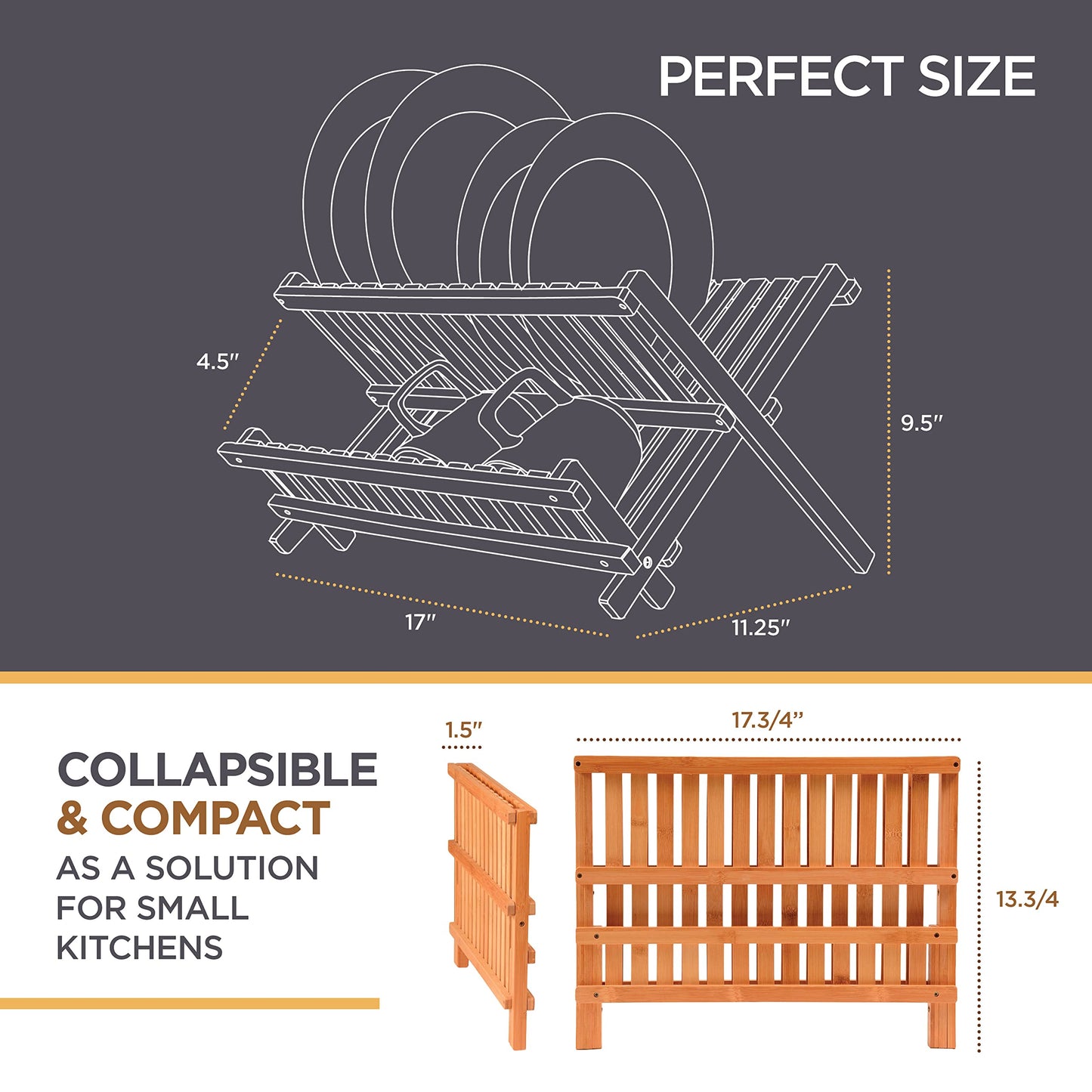 Bambüsi Dish Drying Rack - Collapsible Bamboo 2 Tier Foldable Wooden Dish Drainer for Countertop, Plates Cups Bowls Utensils - Eco Friendly Folding Bamboo Dish Rack for Kitchen Apartment RV Home Small
