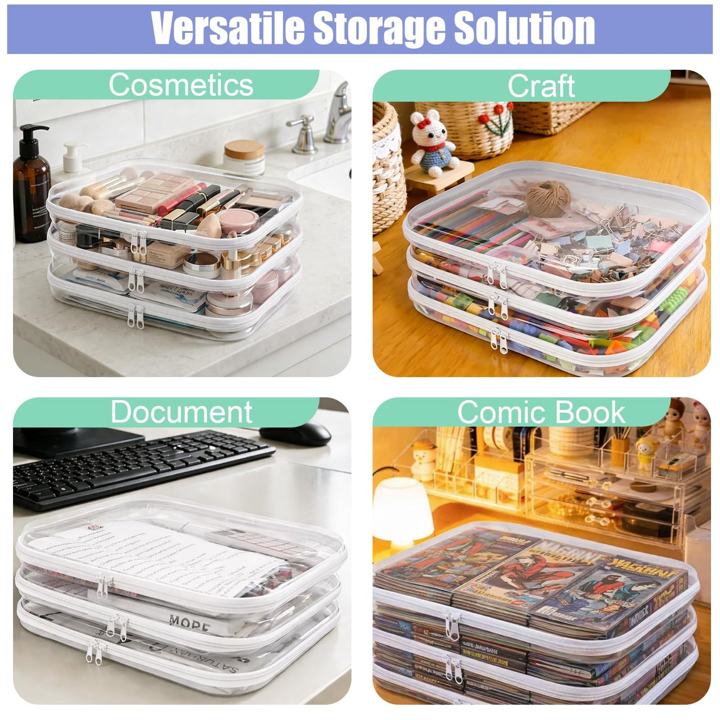 oswba 3 Pack Extra Large Clear Board Game Storage Hard Shell Case with Zipper, Organizer Set with Stickers for Card Decks Puzzle Magazine Comic Book Documents a4 Paper and Craft, 13.8 × 11.8 in