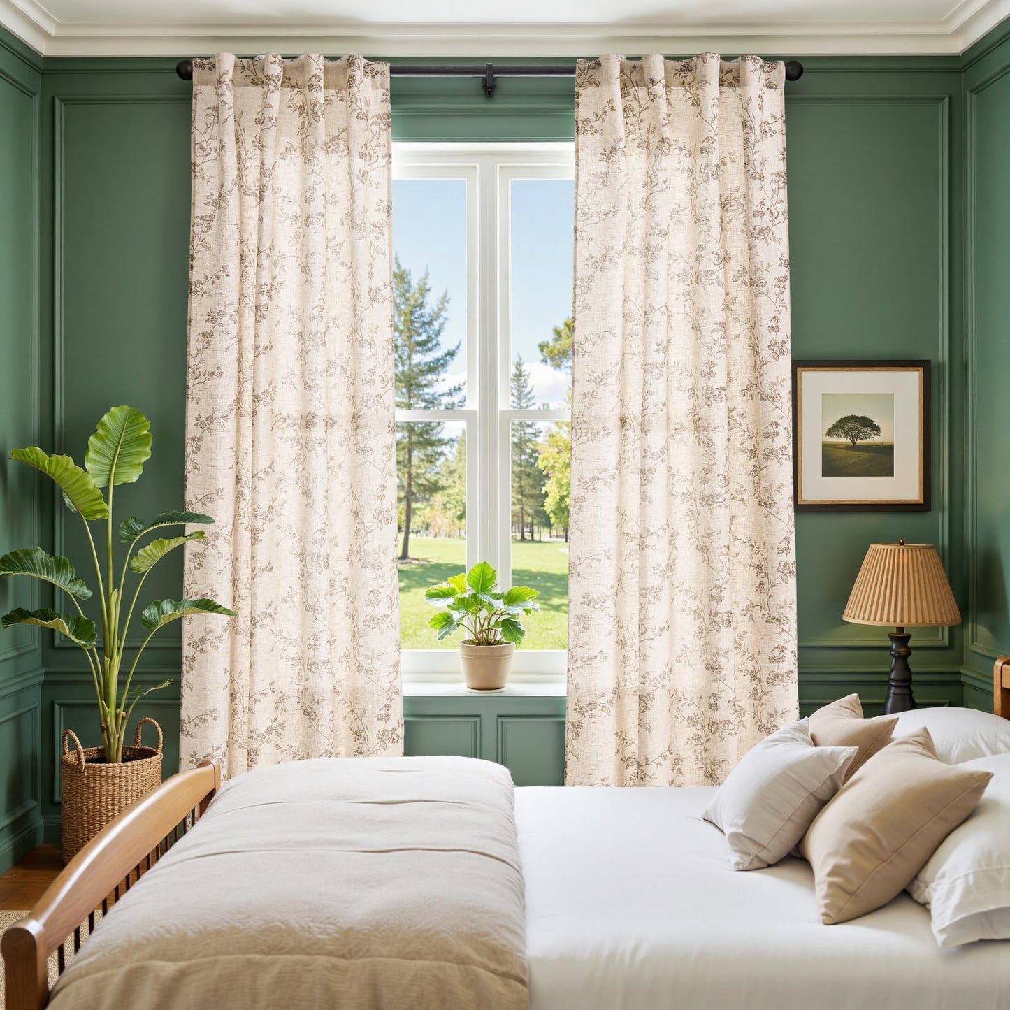 jinchan Linen Floral Curtains 84 Inch Farmhouse Country Flower Drapes Rustic Window Curtains Light Filtering for Living Room Bedroom Laundry Back Tab 2 Panels Taupe on Beige
