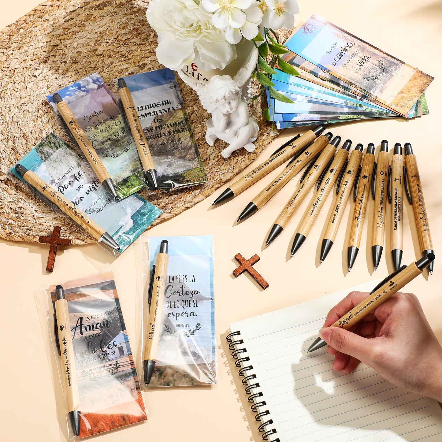 Sayglossy 80 Set Spanish Christian Father Day Gift Bulk Bible Verse Pens with Scripture Bookmarks Inspirational Religious First Communion Pen for Teacher Church Sunday School Student