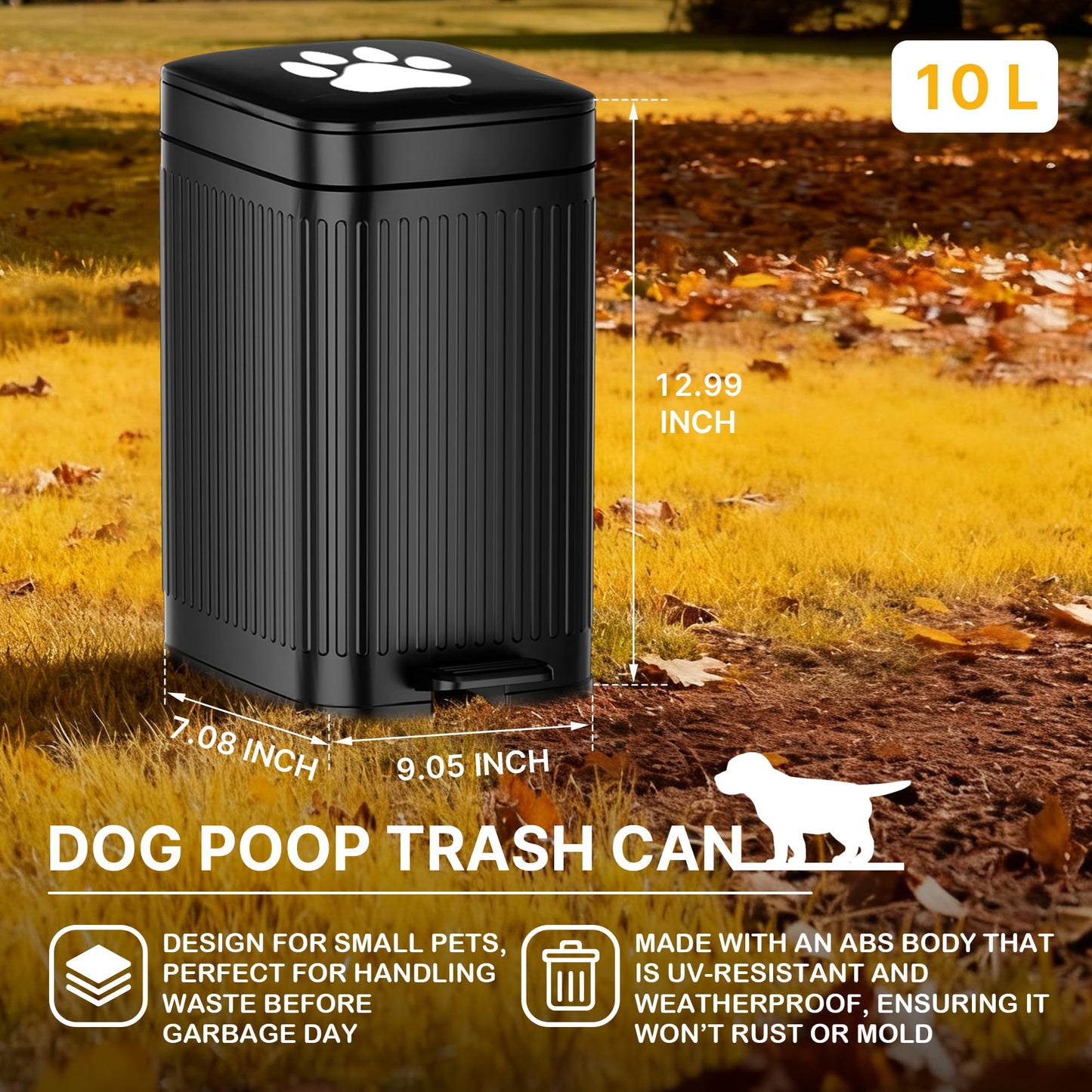 Hahomei Dog Poop Trash Can Outside, 2.7Gal Dog Waste Trash Can with Lid, Foot Pedal, Dog Waste Container with 20 Bags, Pet Poop Bucket with Soft Close for Backyard Odor Control, Black