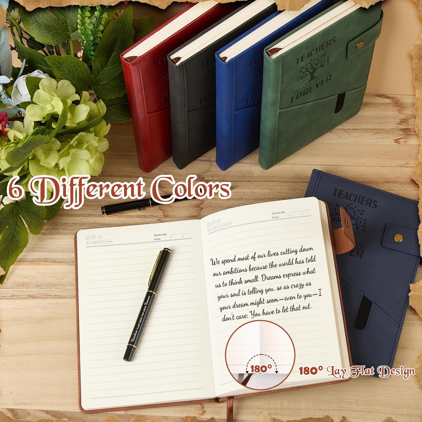Dunzoom 6 Sets Teacher Appreciation Gifts Bulk Hardcover A5 Leather Notebooks with Pen End of Year Teachers Gift Notepads Graduation Thank You Gift for Teacher's Day School Office(Tree Style)