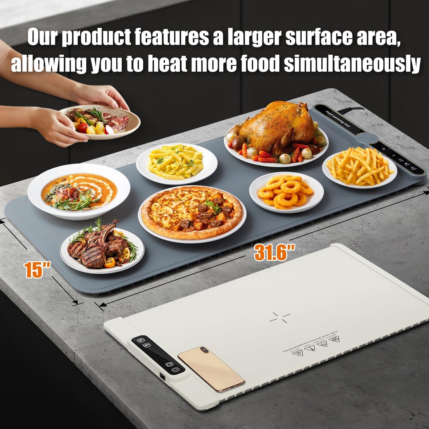 NAXBEY Warming Mat for Food extra large, Food Warmer Chafing Dishes for Buffet, 31.6"x15" Foldable Food Warming Mats for Countertops, Sourdough Warmer, Tortilla Warmer, 9-Level Temp 6-Hour Timer