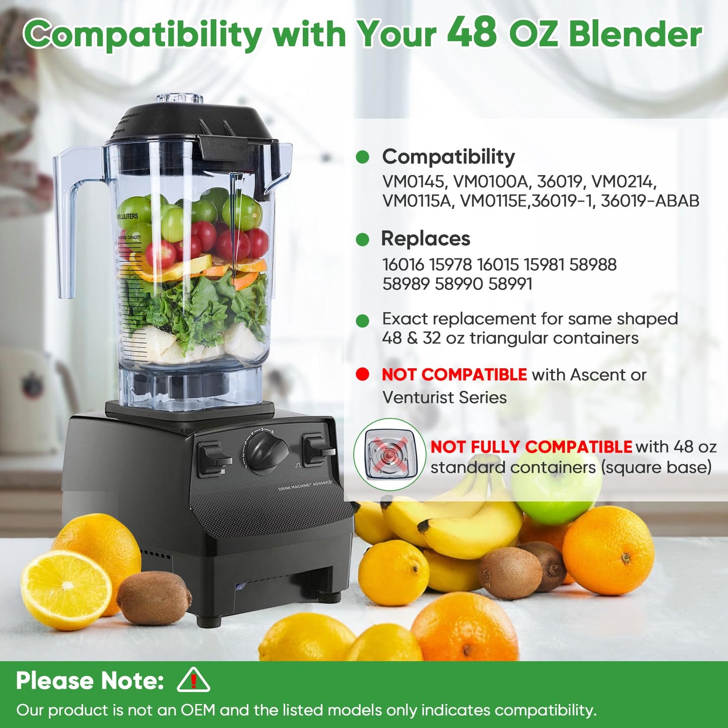 For Blender Pitcher 48oz, Compatible with Commercial Blender Replacement Quiet One VM0145 VM0100A 36019 15978 16016 BarBoss Drink Machine Advance Upgrade VM0100A Jar Container Cup, 5 YR Warranty