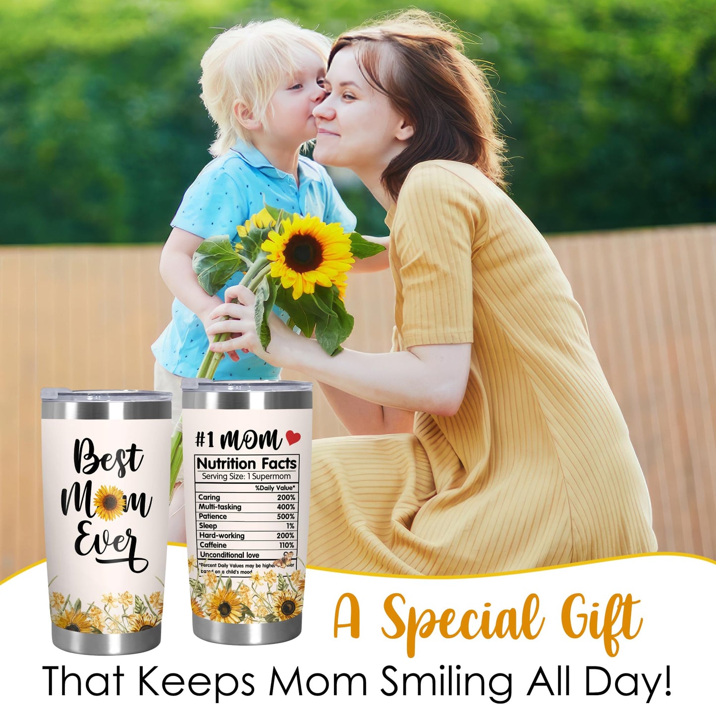 TEEZWONDER Mothers Day Gifts for Mom from Daughter Son - #1 Nutrition Facts Sunflower Stainless Steel Insulated Coffee Tumbler with Lid 20 oz - Birthday Gifts for Mama Grandma Women
