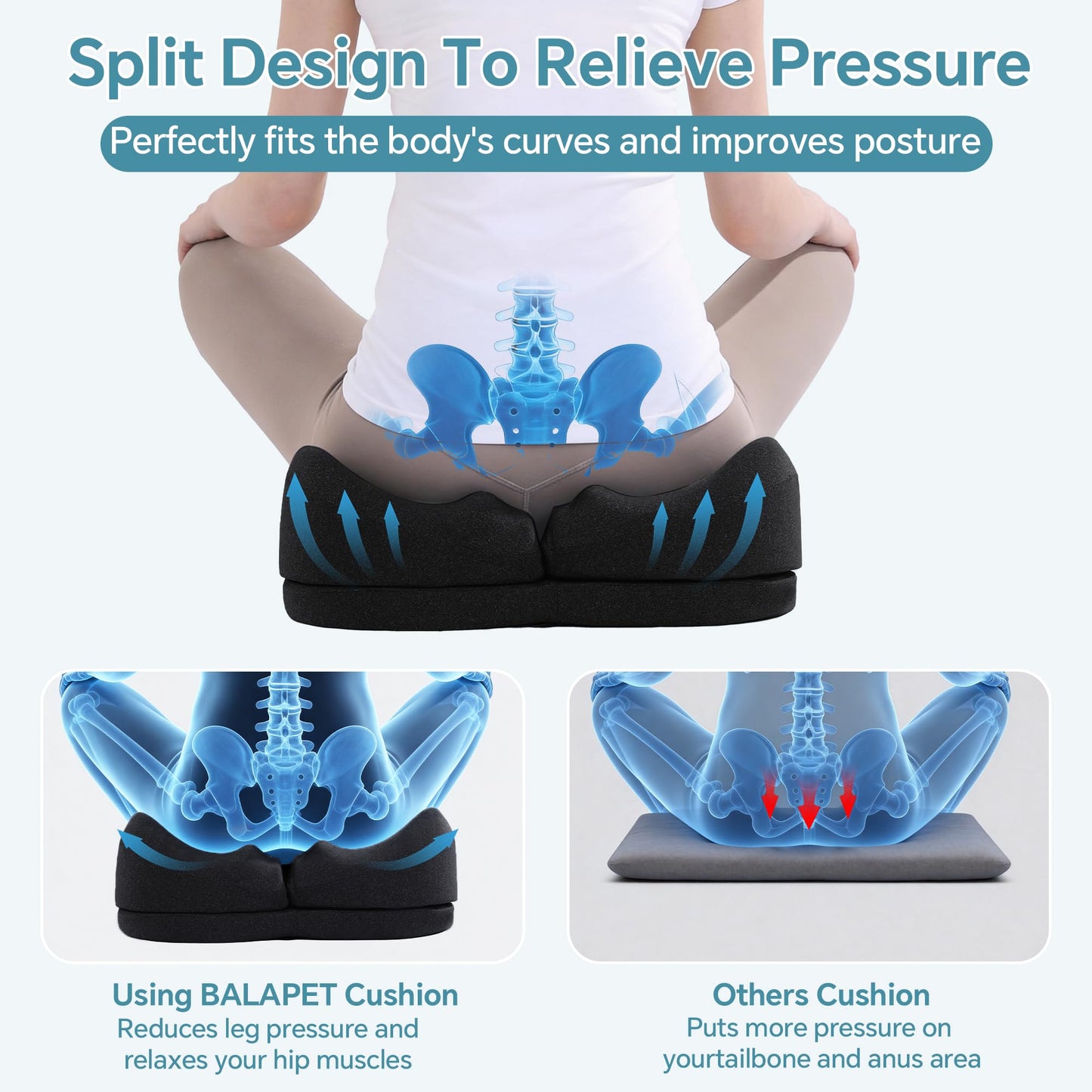 BALAPET Adjustable Bed Sore Cushions for Butt, 2-Layer Memory Foam Bedsore Pressure Relief Pillow for Sleeping and Sitting, Removable T Shaped Opening Tailbone Cushion for Wheelchair (Black)