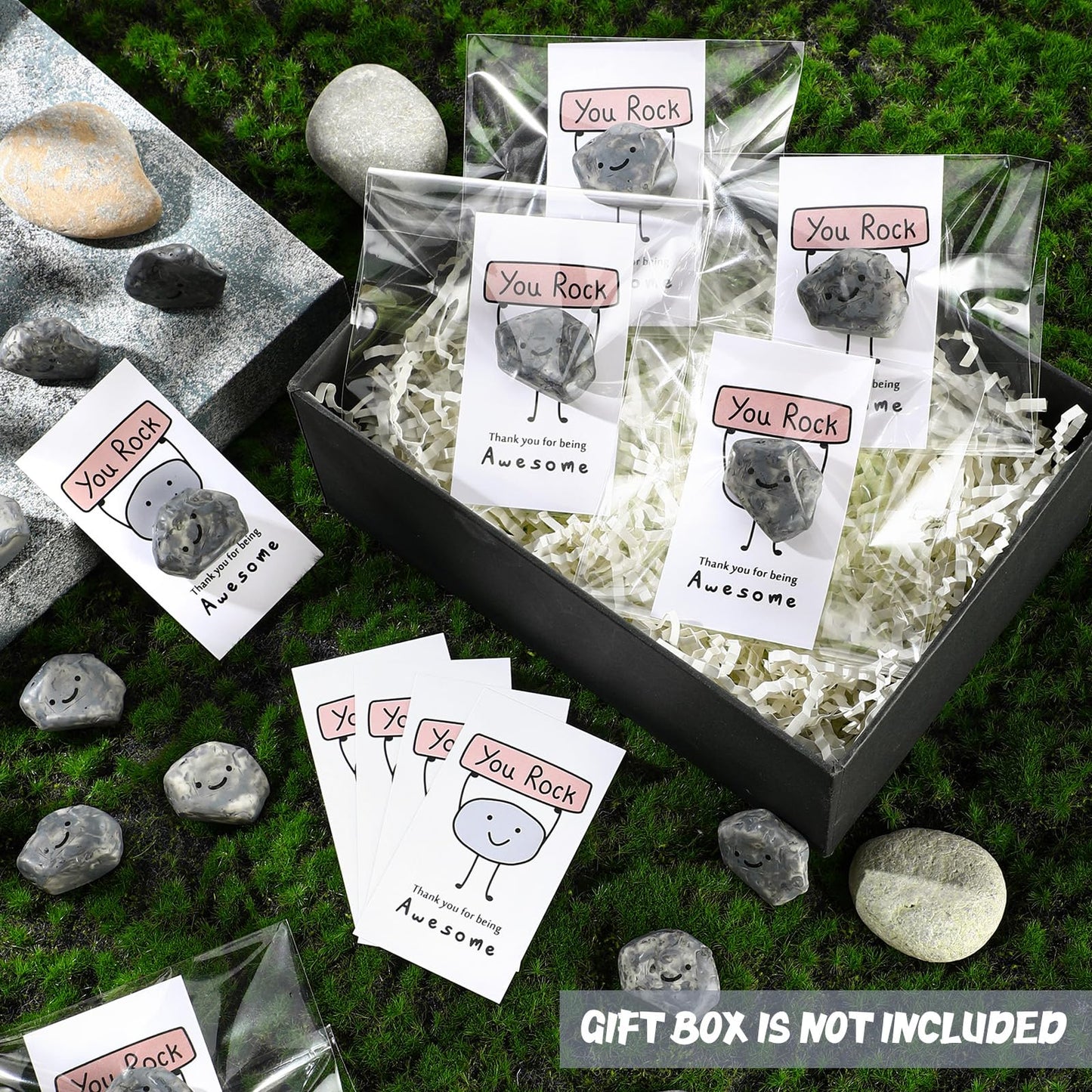 Huwena 100 Sets Inspirational You Rock Employee Appreciation Gifts End of Year Teacher Gifts Smile Resin Stone with Thank You for Being Awesome Rock Card Bulk for Team Staff Coworkers Party Favor
