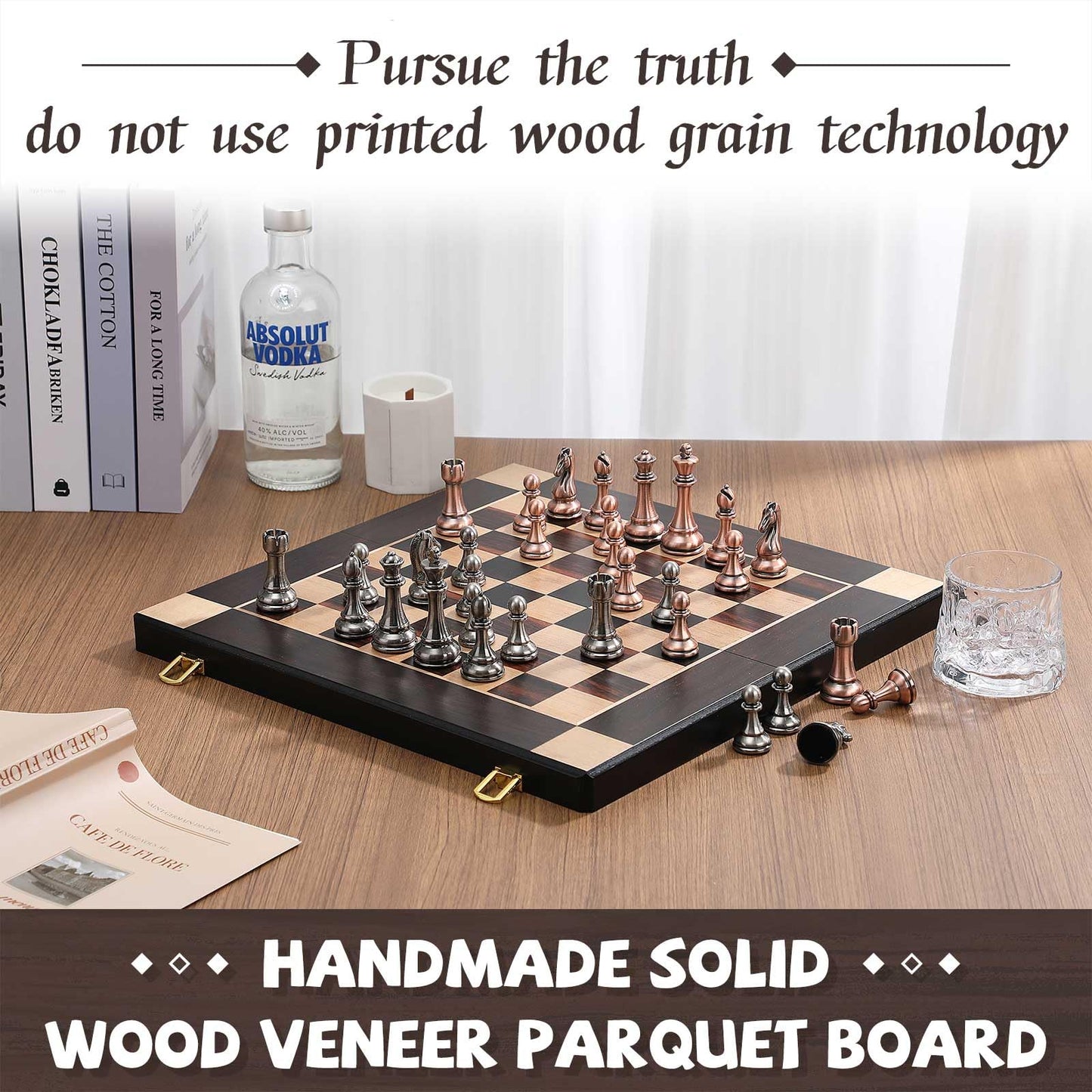 15-Inch Large Metal Chess Set for Adults and Kids with Metal Chess Pieces – Foldable Wooden Board with Storage, Portable Classic Game Set for Travel & Home, Elegant Gift for Chess Enthusiasts