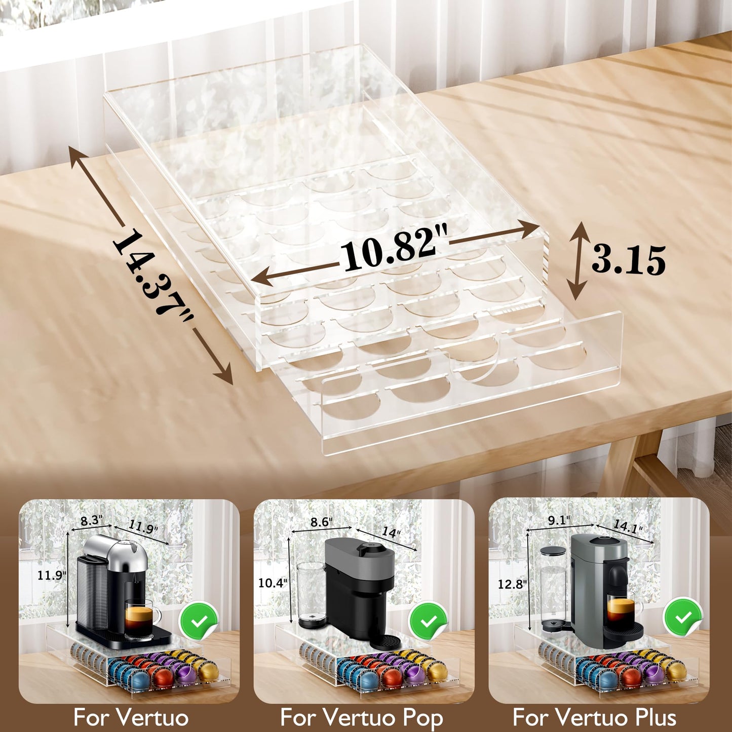 BXINREDA Acrylic Coffee Pod Organizer for Nespresso Vertuo Pod Holder 40 Pods Clear Vertuo Pod Storage Drawer (1 Tier) (Clear)