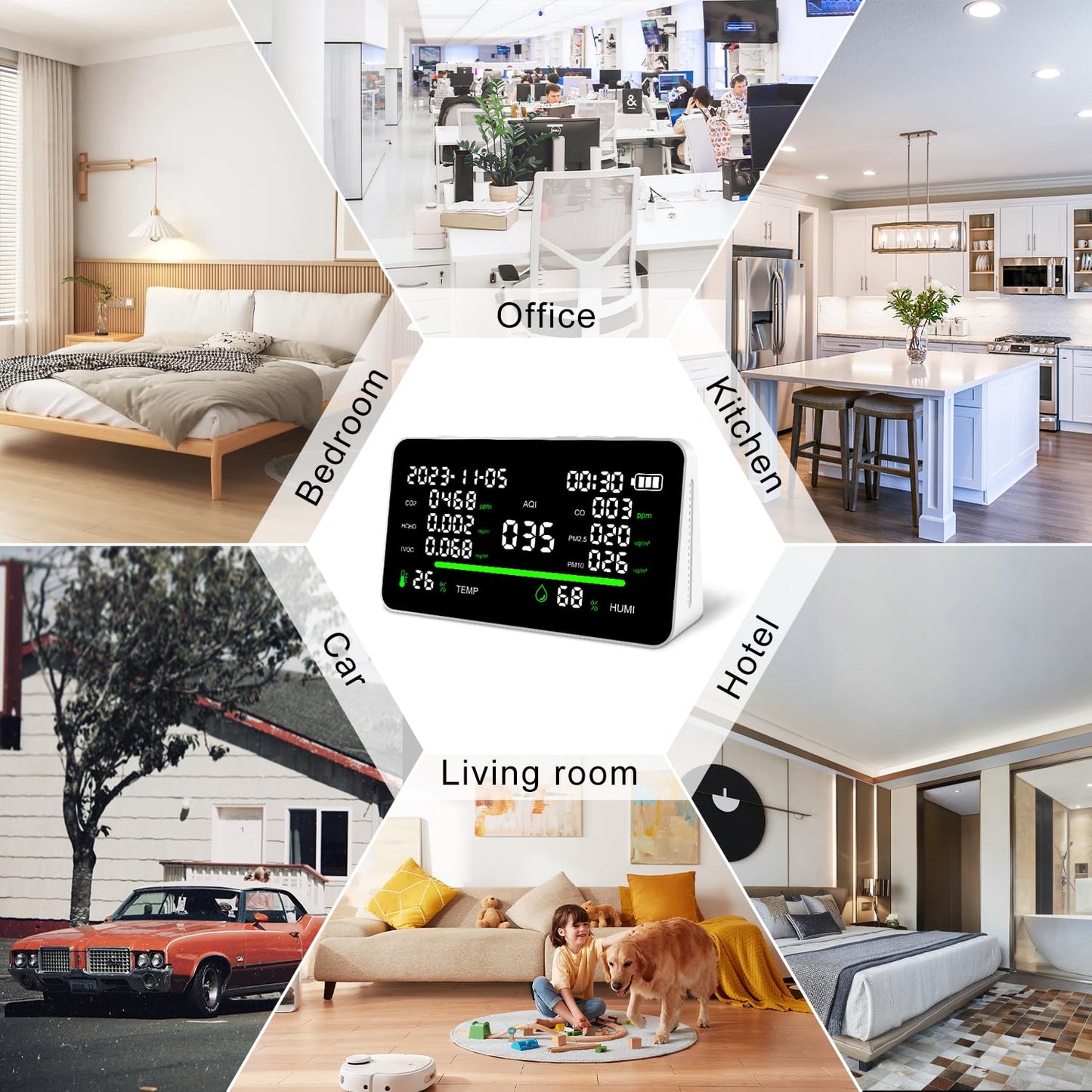 11-in-1 Air Quality Monitor, Indoor CO2/VOC/AQI/PM2.5/Thermometer/Humidity Monitor, Portable Smart Air Quality Meters, Air Quality Tester for Home Office Outdoor, Battery Powered