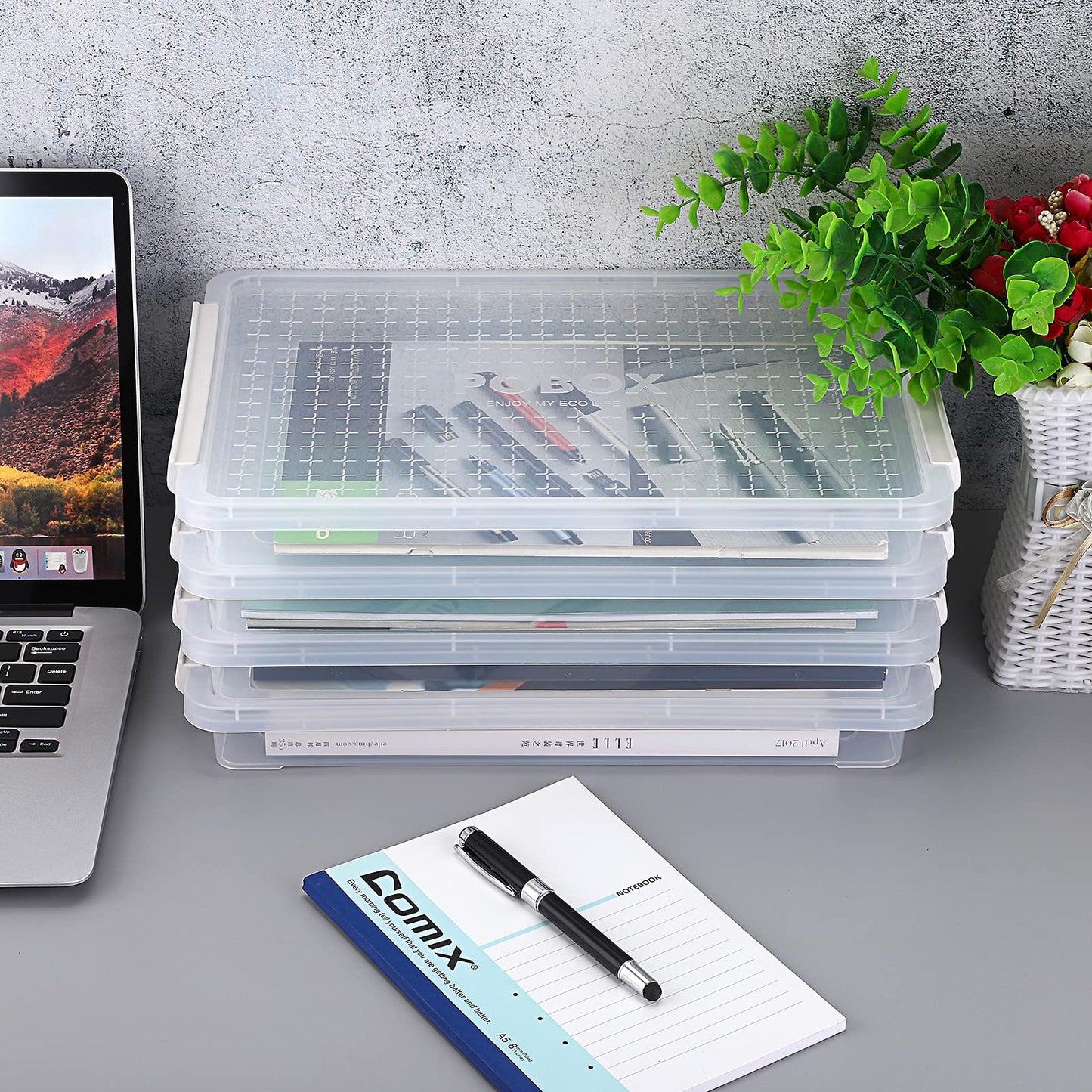 BTSKY 4 Pack A4 Plus Clear Plastic Stackable Storage Box Desk Paper Magazine Container with Buckle, Office Supplies Accessories File Protector Case Organizer, Portable Project Case Document Holders