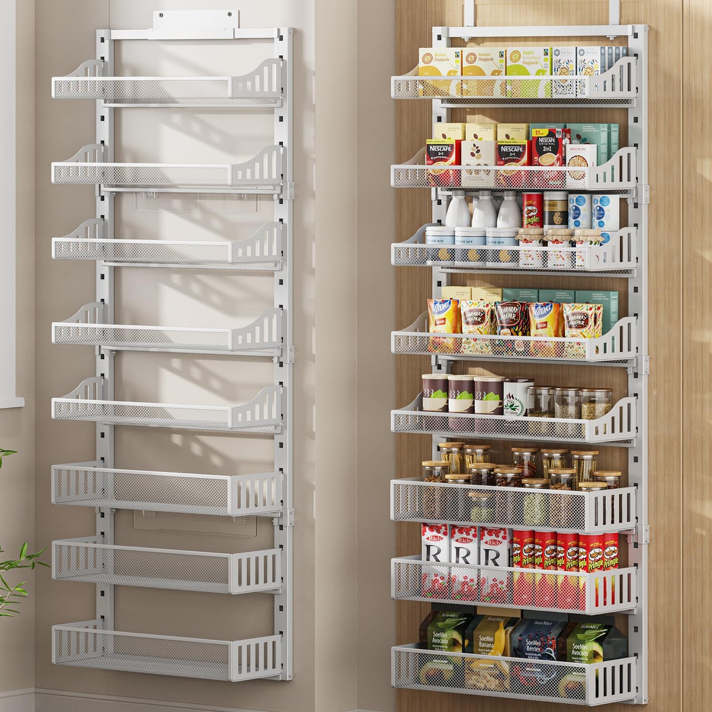 POKIPO Over the Door Pantry Organizer 8-Tier, Large Metal Door Spice Rack with Adjustable Basket, 2 in 1 Wall Mount or Hanging Heavy-Duty Pantry Door Storage Shelf for Kitchen and Bathroom, White