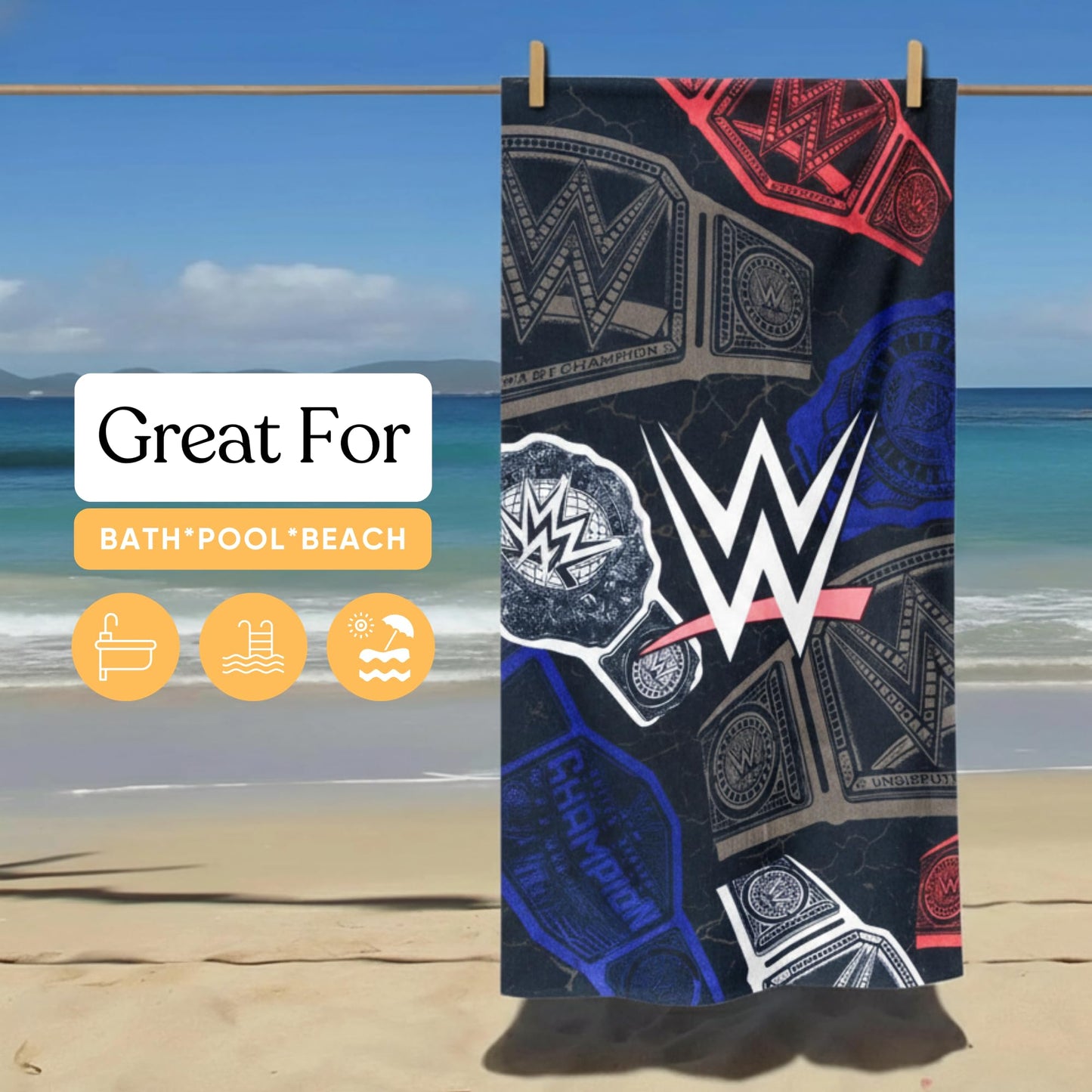 WWE Wrestling Oversized Cotton Beach Towel, 30 x 60 Inch Large Soft & Absorbent Pool, Bath & Beach Towel (100% Officially Licensed Product) by Franco Collectibles