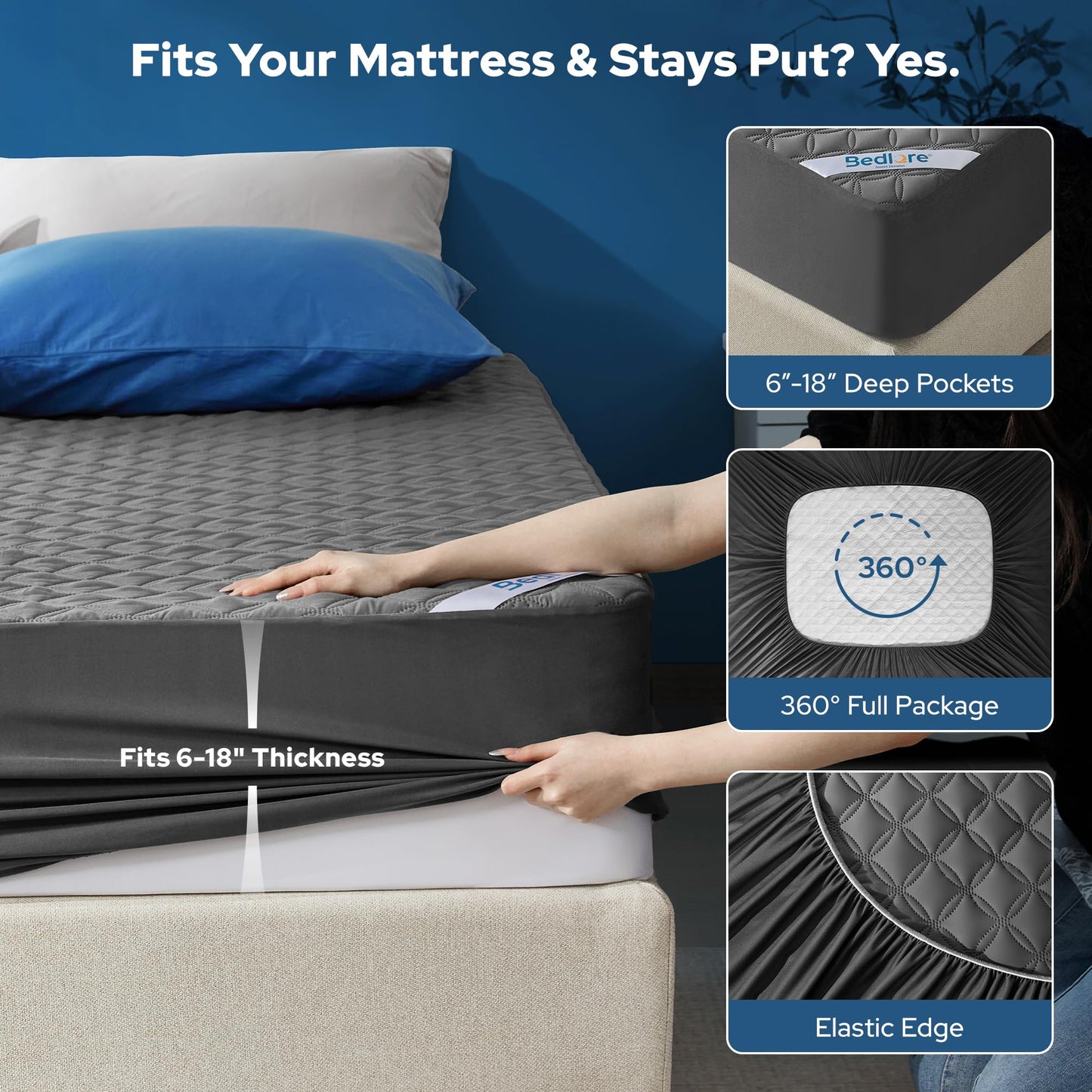 2 Pack Waterproof Mattress Protector, King Size Mattress Pad with Deep Pocket 6"-18" Depth, Soft Breathable Dirt-Proof Single Bed Mattress Cover for Bedroom, Dorm Room (Gray)