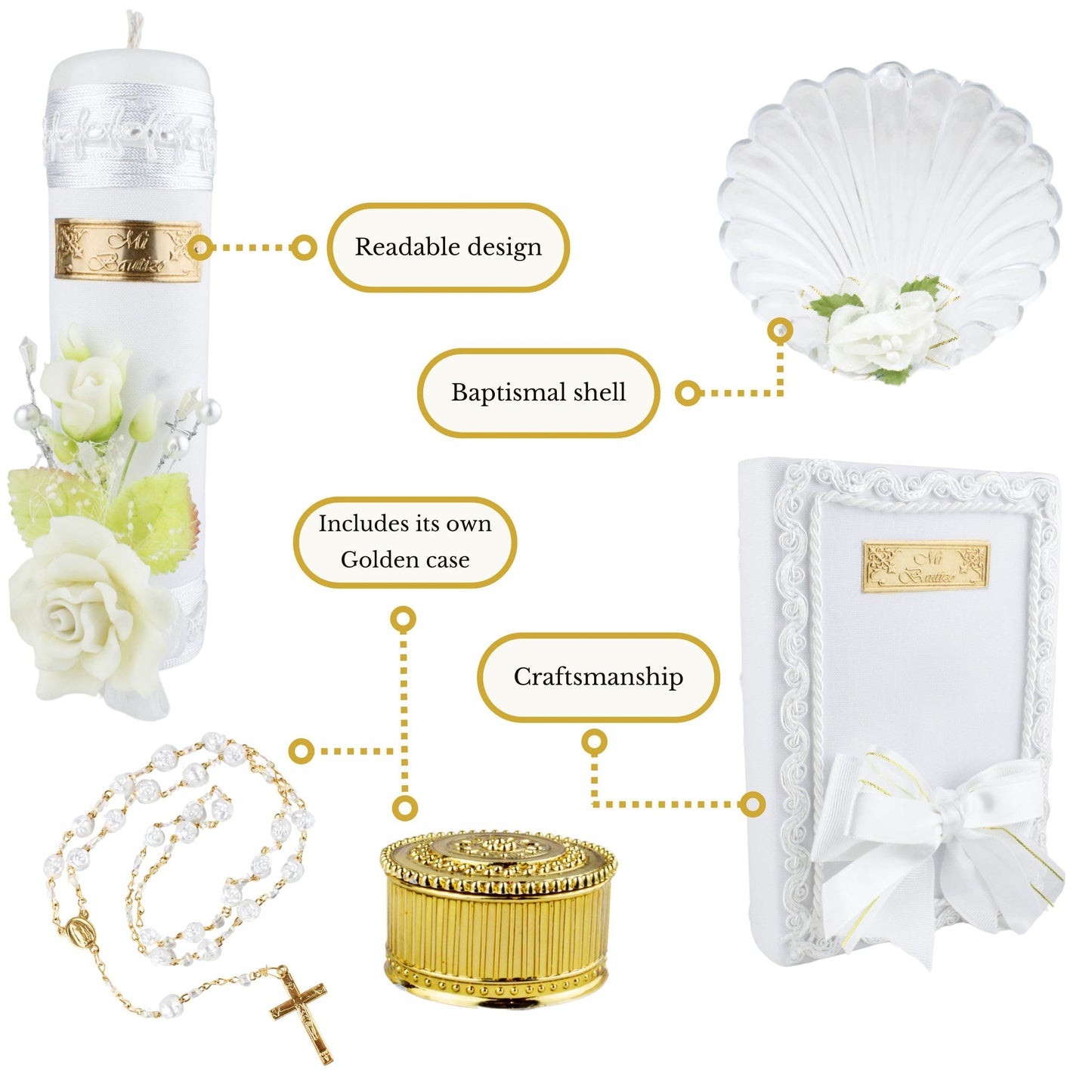5 Pcs White Baptism Candle Set for Girls and Boys - Velas para bautizo - Vela de bautizo - Catholic Baptism Candle - baptismal kit with Shell and Bible