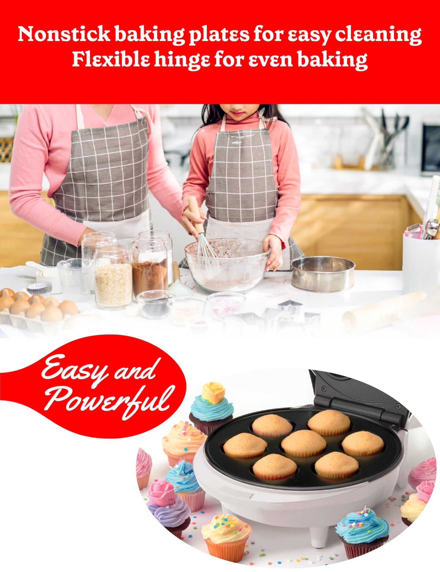Betty Crocker Mini Cupcake Factory, with Nonstick Surface, Mini Cupcake Machine with Cool Touch Handle & Makes 7 Delicious Cupcakes in Minutes, Pink/White