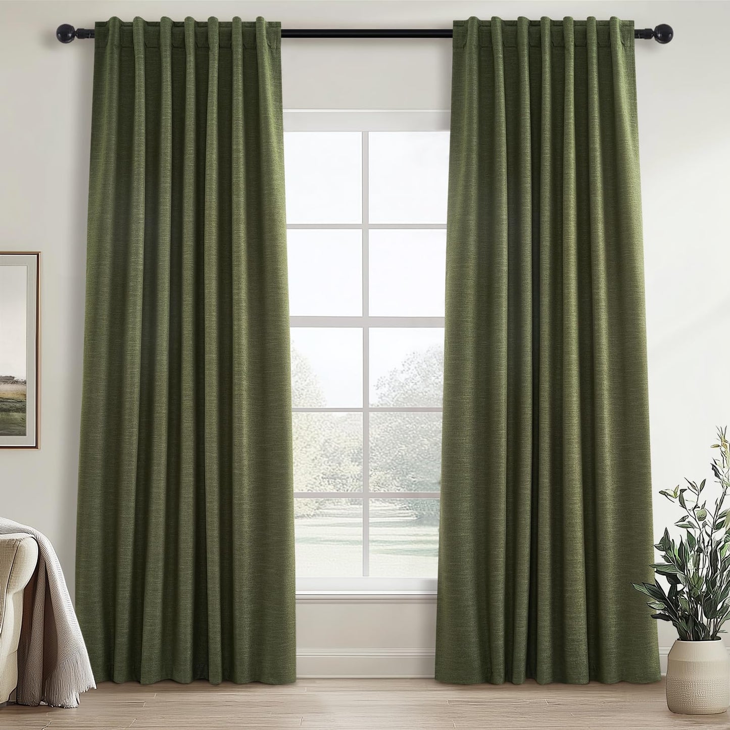 Topfinel Olive Green Linen Blackout Curtains 84 Inch Long for Living Room,Pinch Pleated Drape with Hooks Back Tab Boho Decor, Olive Forest Loden Full Black Out Curtains for Bedroom