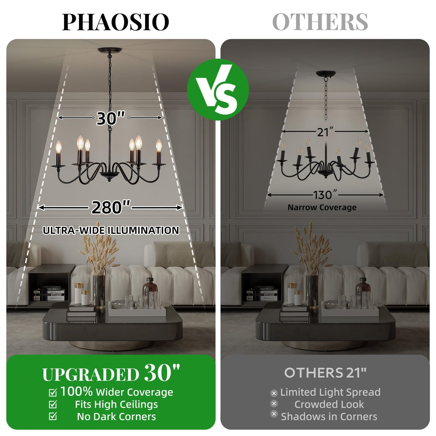 Phaosio Black Chandelier, 6-Light Farmhouse Candle Chandelier 29'', Rustic Industrial Hanging Light Fixture for Dining Room, Kitchen Island, Living Room, Entryway, Bedroom, Foyer