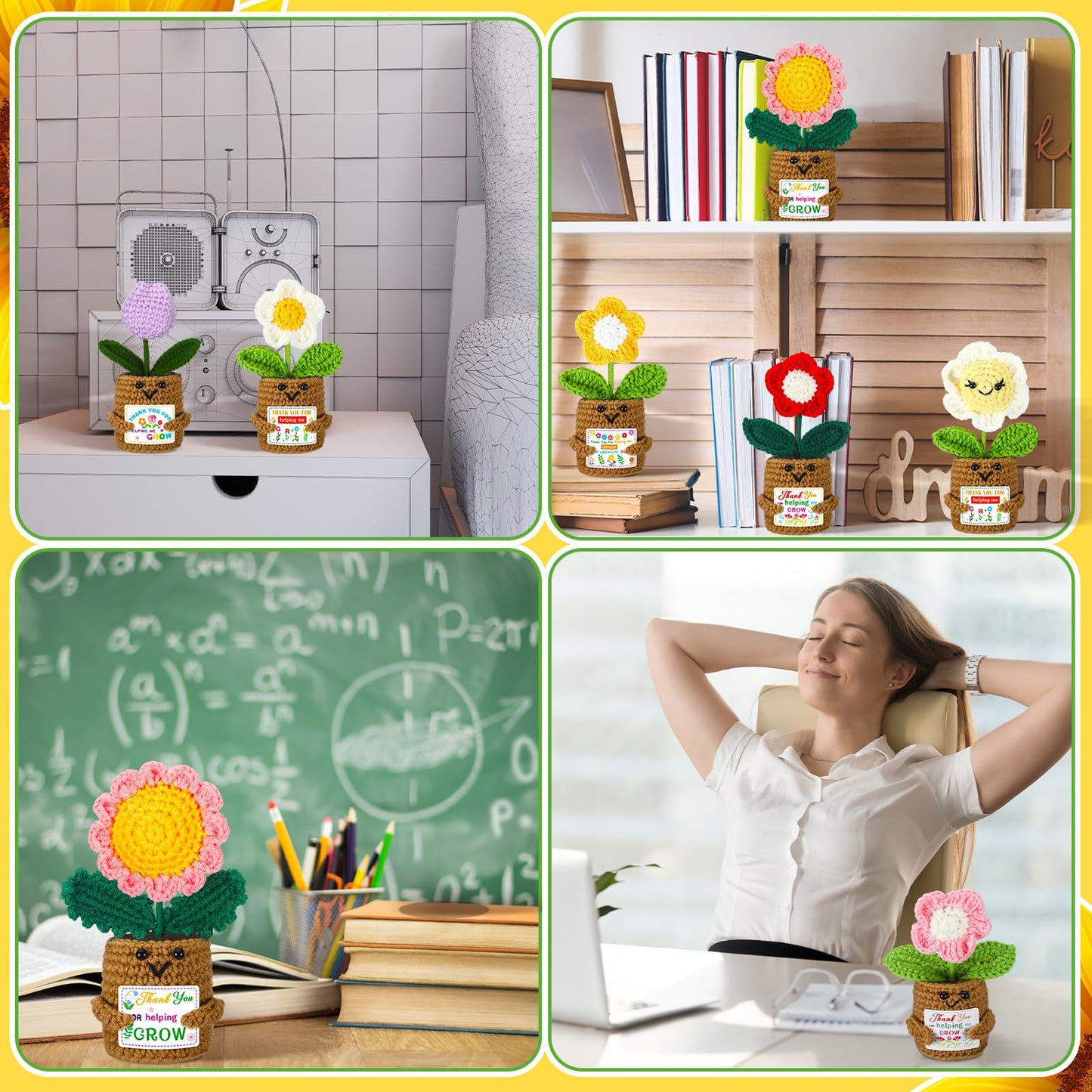 Daifunli 10 Pcs Appreciation Gifts for Teacher, Thank You for Helping Me Grow, Crochet Potted Plants with Card Crochet Flowers for Teacher Graduation End of Year from Students