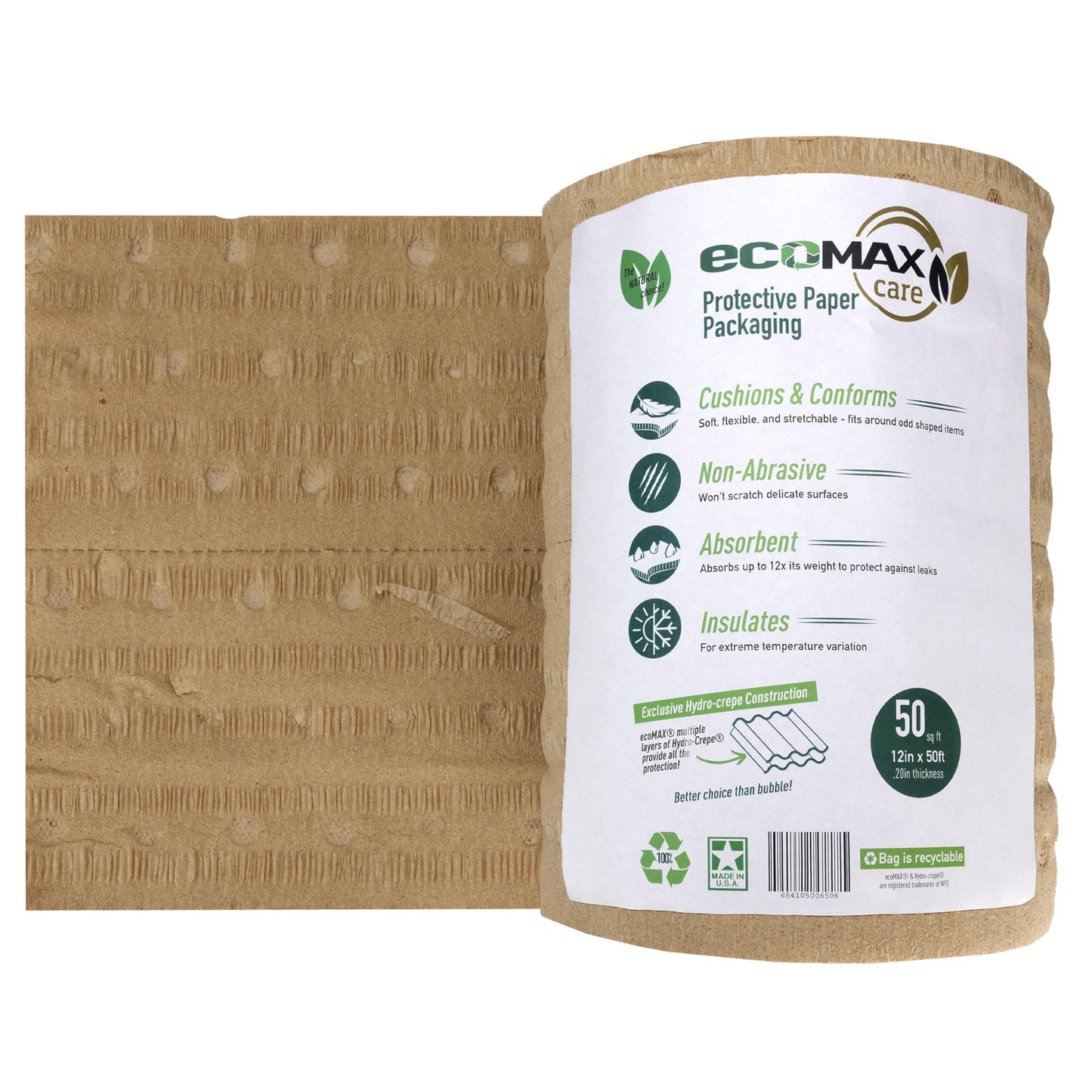 IDL Packaging 12" x 50' EcoMax Kraft Paper Cellulose Wadding (1 Roll) - Cushioning Wrapping and Box Void Filling - Soft and Gentle Packing for Shipping, Moving, and Storing Fragile Items