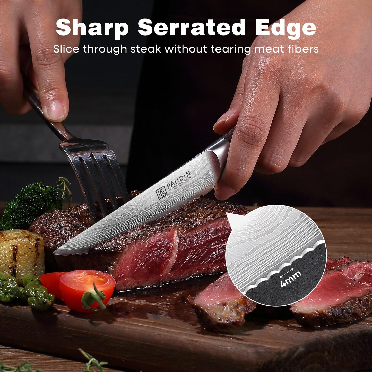 PAUDIN Steak Knives, Steak Knives Set of 6, Ultra Sharp 4.5 Inch Serrated Steak Knife, High Carbon Stainless Steel Steak Knife Set with Pakkawood Handle and Gift Box