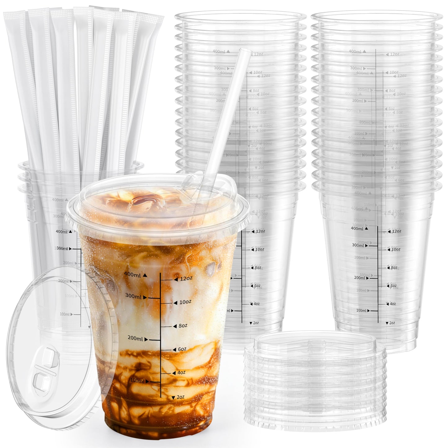 100 Pack - 16 oz Ratio Lines Iced Coffee Cups with Lids & Straws – No Guessing for Consistent Drinks, Disposable Clear Plastic Cups with Lids and Straws for Coffee, Smoothies, Juice, Parties Food Safe