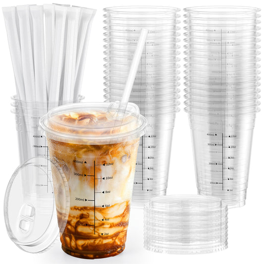 100 Pack - 16 oz Ratio Lines Iced Coffee Cups with Lids & Straws – No Guessing for Consistent Drinks, Disposable Clear Plastic Cups with Lids and Straws for Coffee, Smoothies, Juice, Parties Food Safe