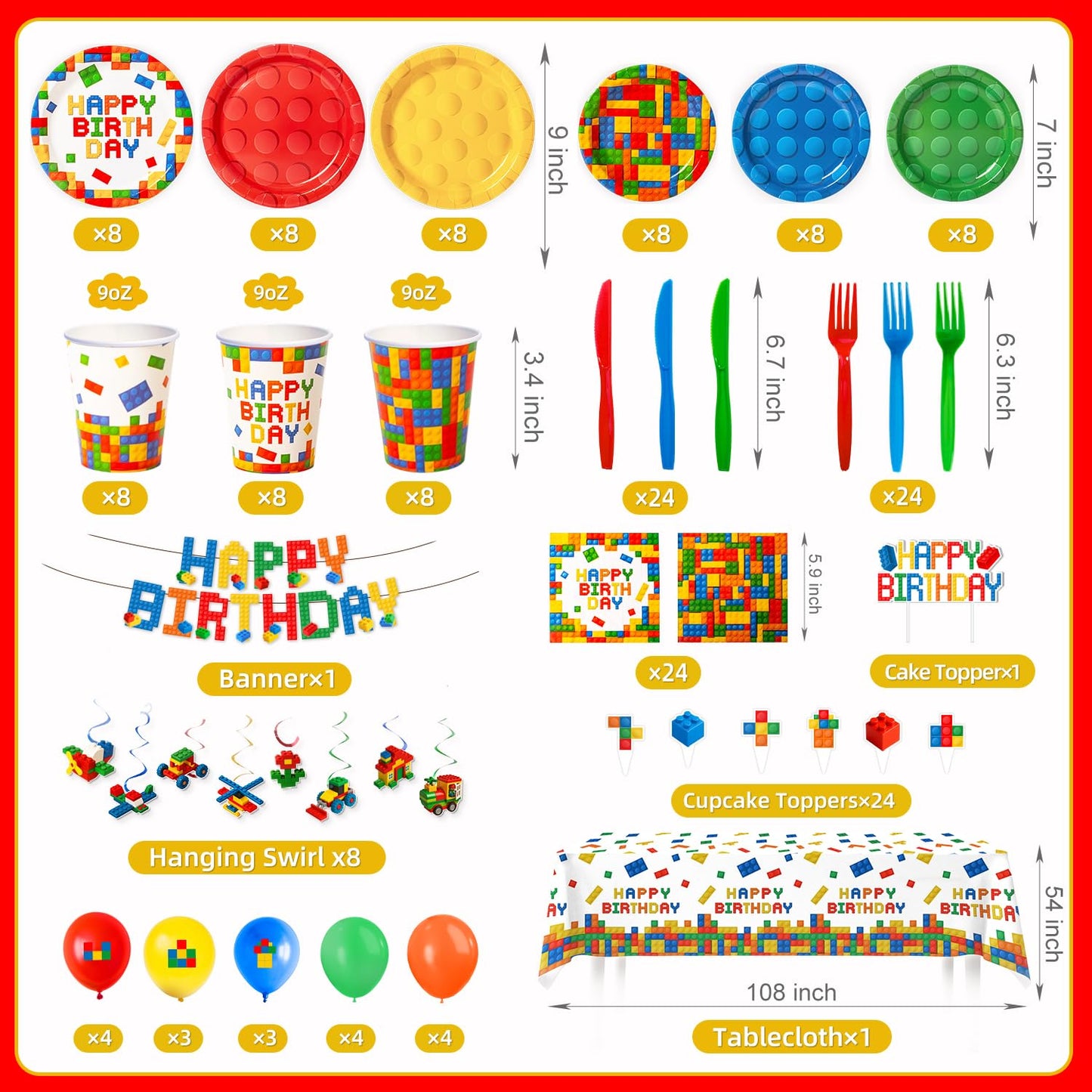 197 Pcs Building Blocks Birthday Paper Plates Tableware Set (Serves 24), Colorful Blocks Supplies Include Banner Pendant Plates Napkins Cups Forks Knives Tablecloth Topper Balloons For Kids Party