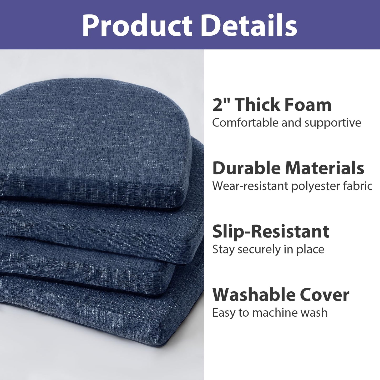 IPYNBAP Chair Cushions for Dining Chairs, Kitchen Chair Cushions, 16'' x 16'' x 2'', Non Slip Indoor Seat Cushions, Chair Pads for Dining Chairs with Ties & Removable Cover, Set of 4, Navy