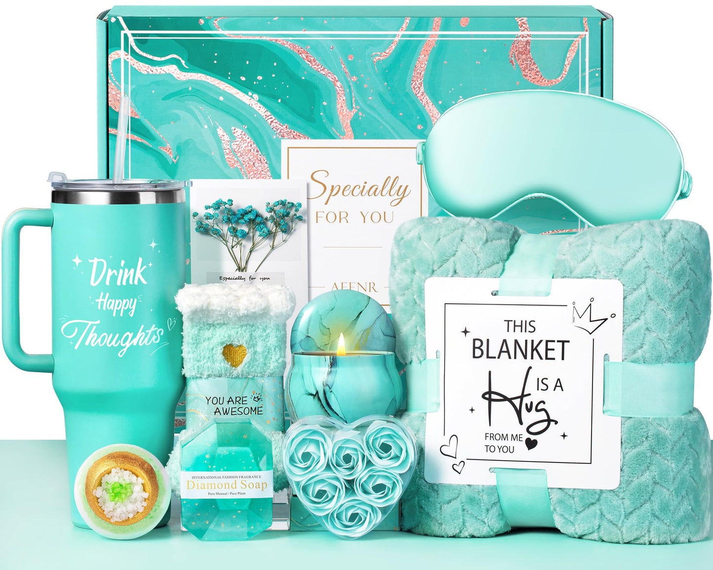 Birthday Gifts for Women, Self Care Get Well Soon Gift Baskets for Mom Her Sister Wife Girlfriend Ocean Relaxing Spa Care Package w/Blanket 40 OZ Tumbler Unique Thinking of You Inspirational Gift