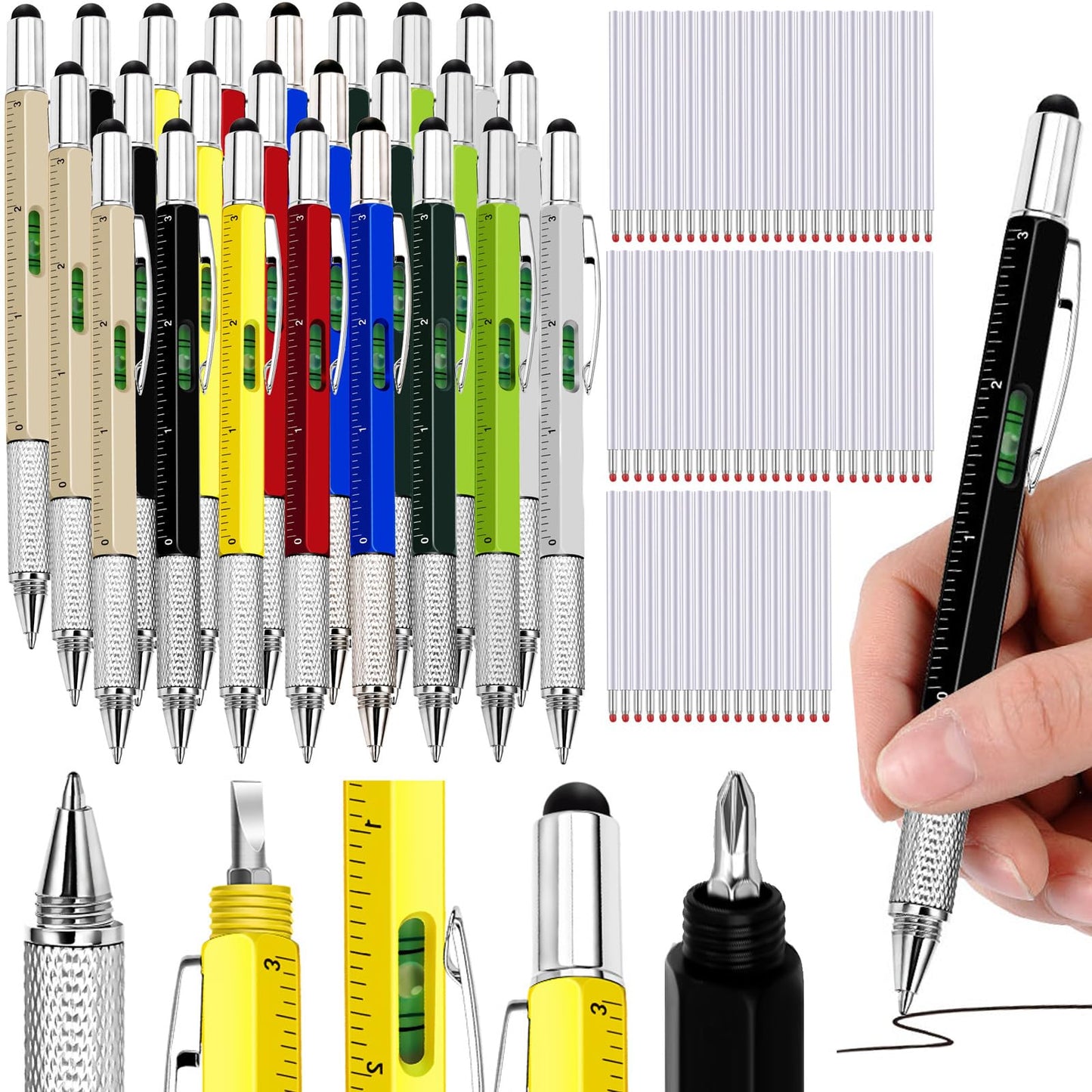 Zhanmai 72 Pcs Father's Day Bulk Gift 6 in 1 Screwdriver Tool Pen Multitool Tool Pens for Party Favor Father's Gift for Adult Level Gauge Ballpoint Pen Stylus Screwdriver (Multicolor)