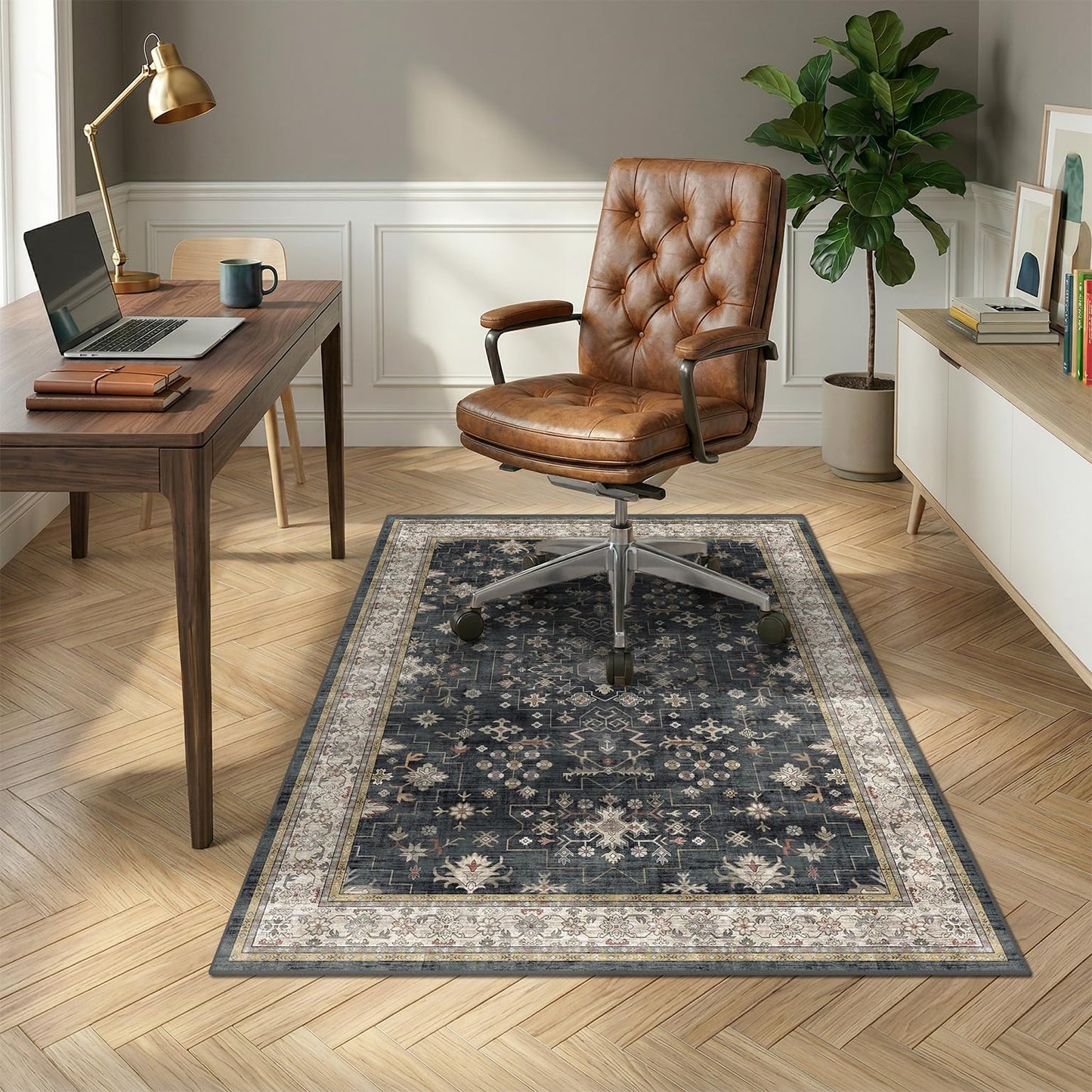 4x5 Black Boho Office Chair Mat for Hardwood & Tile Floor, Floor Protector for Heavy Duty Office Chair, Low Pile & Ultra Soft Under Desk Carpet, Non Slip Rubber Backing, Machine Washable Area Rug