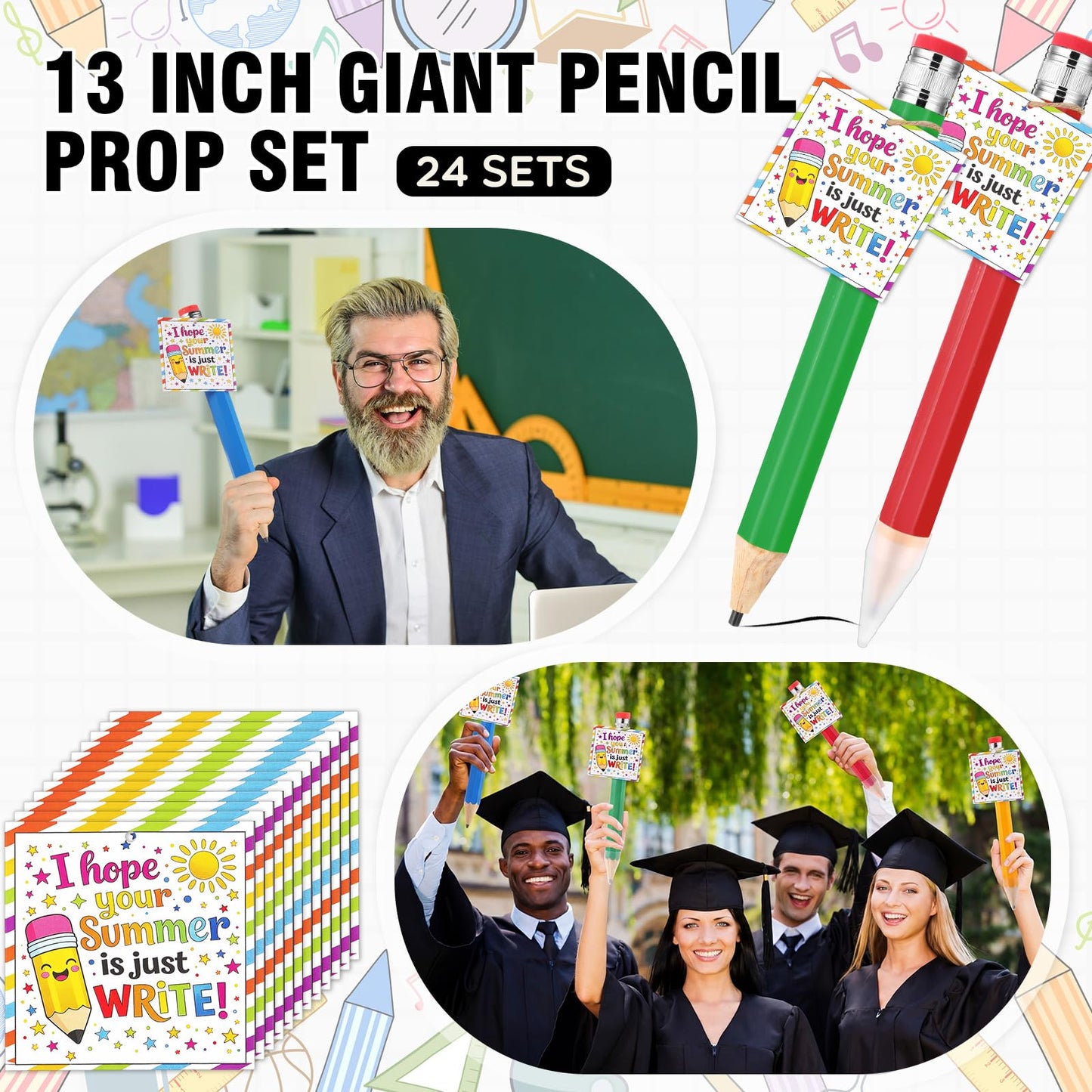 Humyoun 24 Sets End of the Year Student Gifts 13 Inch Big Wooden Jumbo Pencils Set of Giant Pencil Prop with Summer Greeting Card Large Pencils with Cap Preschool Kindergarten Graduation Gift