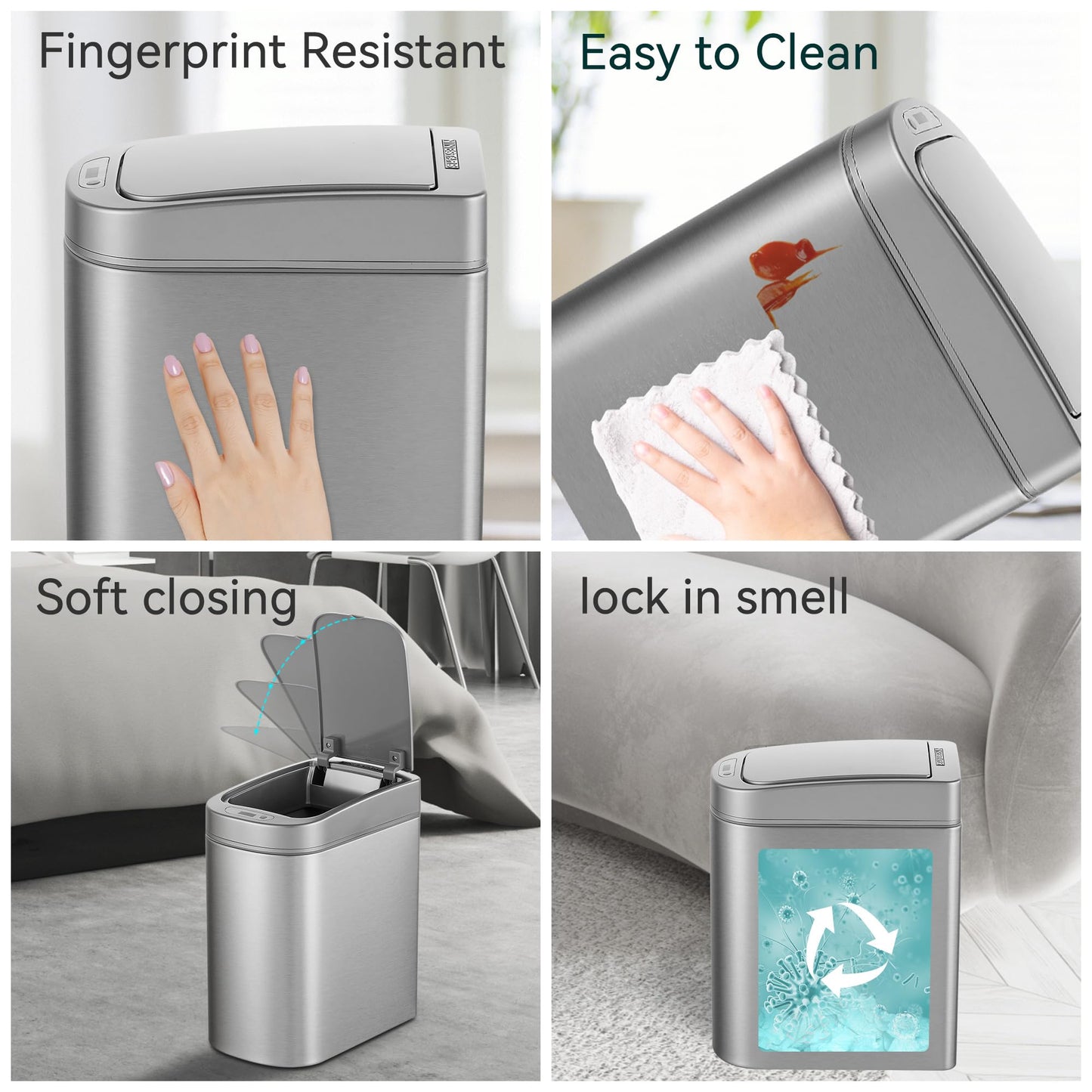 Ninestars Automatic Motion Sensor Bathroom Trash Can, 1.8 Gallon Smart Opening Garbage Bin for Bathroom, Bedroom, Kitchen, Office 7 Liter Compact Stainless Steel