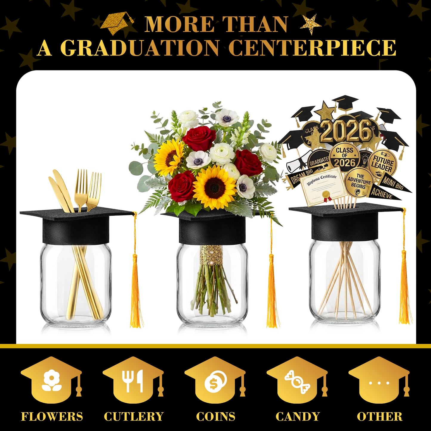 6 Sets 2026 Graduation Centerpieces for Tables, Mason Jar Centerpieces with Graduation Cap with Hole for Flowers, Class of 2026 Table Decorations, Congrats Party Supplies for College High School