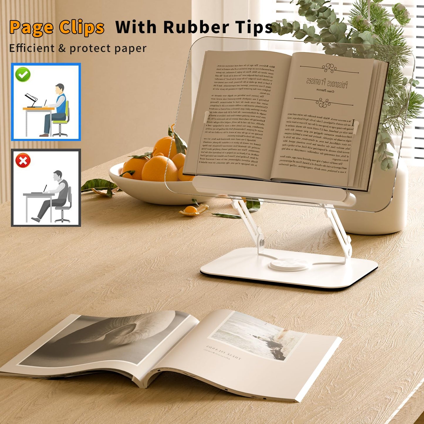 Acrylic Book Stand for Reading,Adjustable Holder with 360° Rotates Base & Page Clips,Foldable Desktop Ricer for Cookbook,Music Scores,Laptop,Tablet,Recipe,Textbook,Magazines