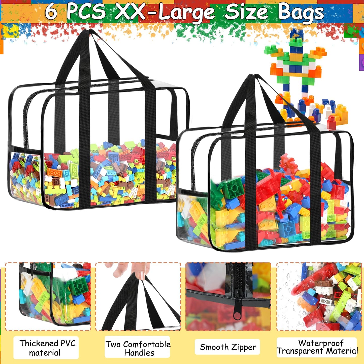 6 Packs XXL Toy Storage Bags 16.5×11.8×6.8In with Labels, Large Capacity Reusable Clear PVC Board Game Storage, Travel Waterproof Organizer Bags with Zipper