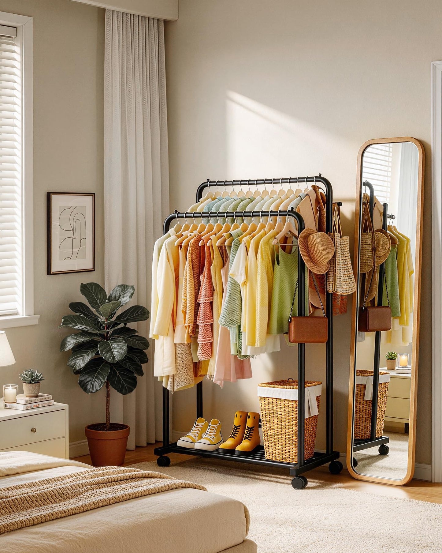 Sakugi Clothes Rack - Double Rods Clothing Rack with Mesh Shelf, Hooks & Wheels, Metal Clothing Racks for Hanging Clothes & Bags, Multifunctional Garment Rack for Laundry, Black, 28.7" x 16.5" x 59.1"