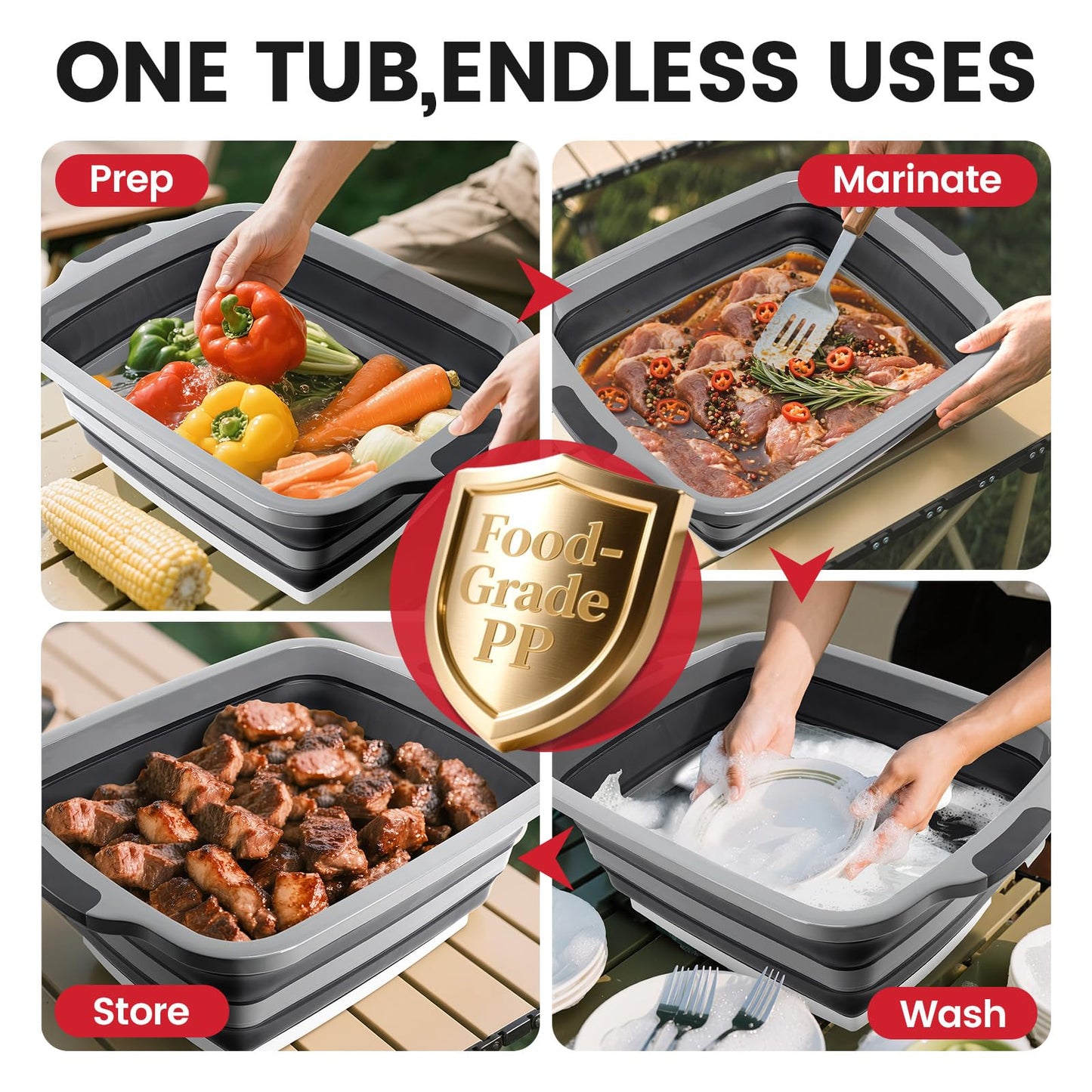 BBQ Prep Tub 3-IN-1 Large 30L Collapsible Cutting Board with Lid for Grill Meal Prep Marinating Food, Camping Sink with Colander, Dish Basin, Storage Blanket for Camping Picnic BBQ Grilling, Black